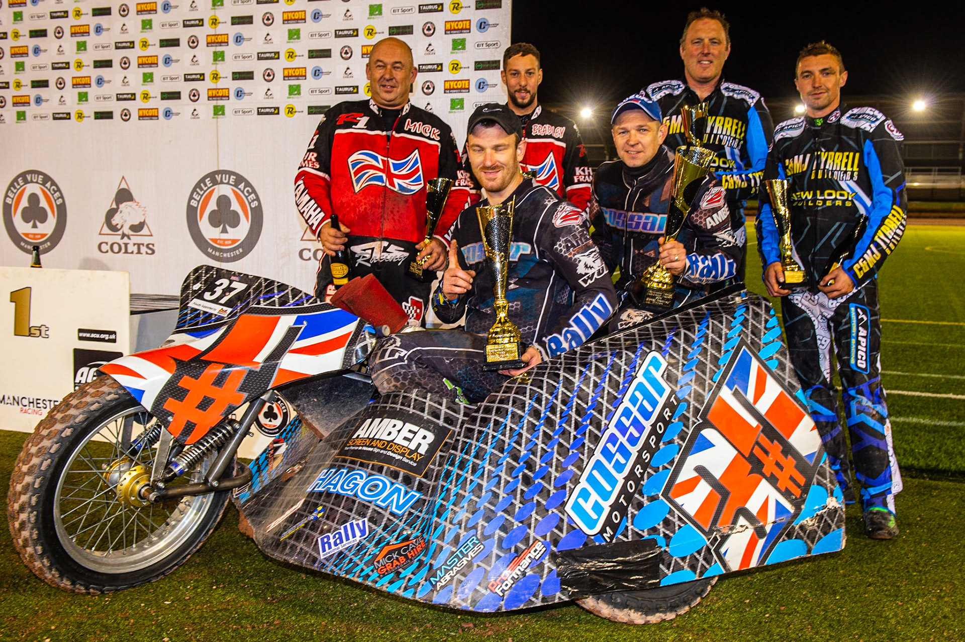 MANCHESTER, ENGLAND Winners Mark Cossar & Carl Pugh with (rear l-r) Mick Cave & Bradley Steer(3rd) and Matthew Tyrrell & Liam Brown(2nd) during the  ACU Sidecar Speedway Manchester Masters,  Belle Vue National Speedway Stadium, Manchester Saturday 12 October 2019 (Credit: Ian Charles | MI News)