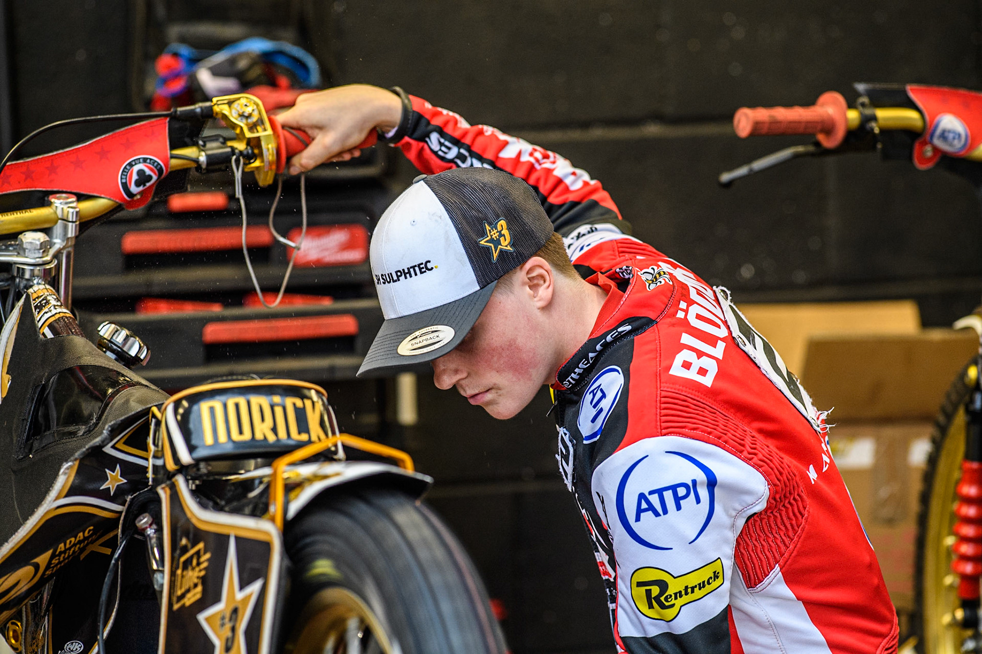 Belle Vue Aces' Norick Blodorn  works on his bike during the Rowe Motor Oil Premiership match between Belle Vue Aces and Oxford Spires at the National Speedway Stadium, Manchester on Monday 22nd July 2024. (Photo: Ian Charles | MI News)