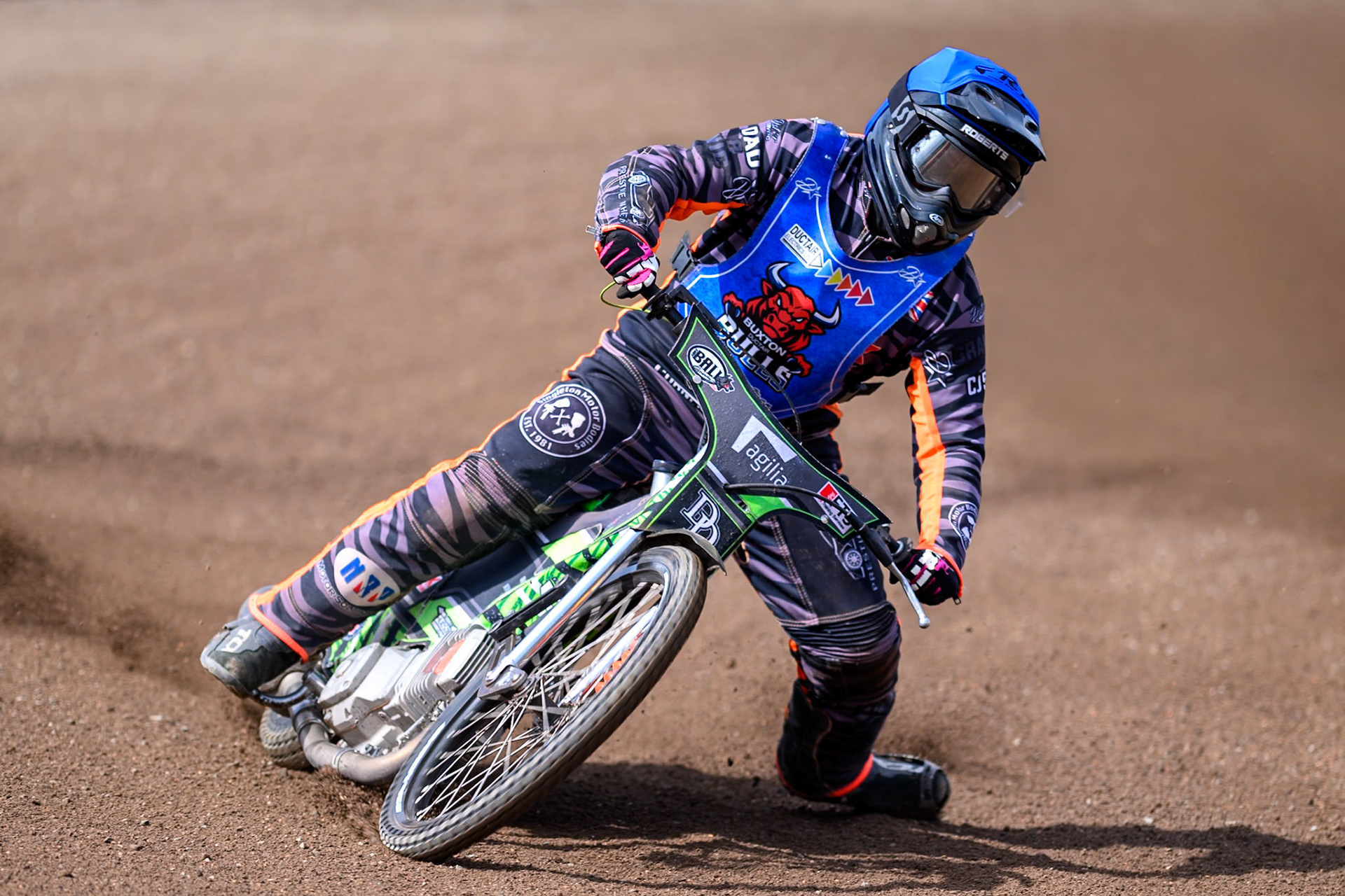 Jack Roberts of Buxton Bulls gets out of shape on the third and fourth turns during the WSRA National Development League match between Buxton Bulls and King's Lynn Young Stars at Hi-Edge Speedway, Buxton on Sunday 9th August 2026. (Photo: Ian Charles | MI News)