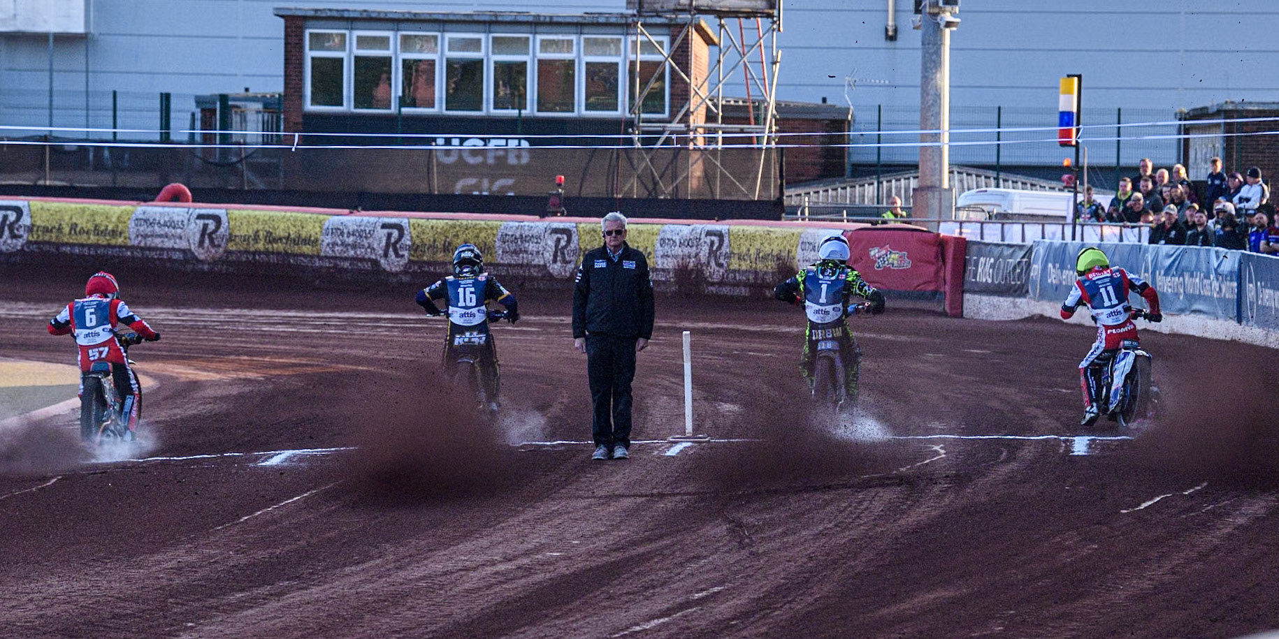 The start of Heat 9 - (L to R) Connor Mountain in Red, Kyle Howarth in Blue, Drew Kemp in White and Dan Bewley in Yellow during the Attis Insurance Sports Division British Speedway Championship Final at the National Speedway Stadium, Manchester on Saturday 8th June 2024. (Photo: Ian Charles | MI News)