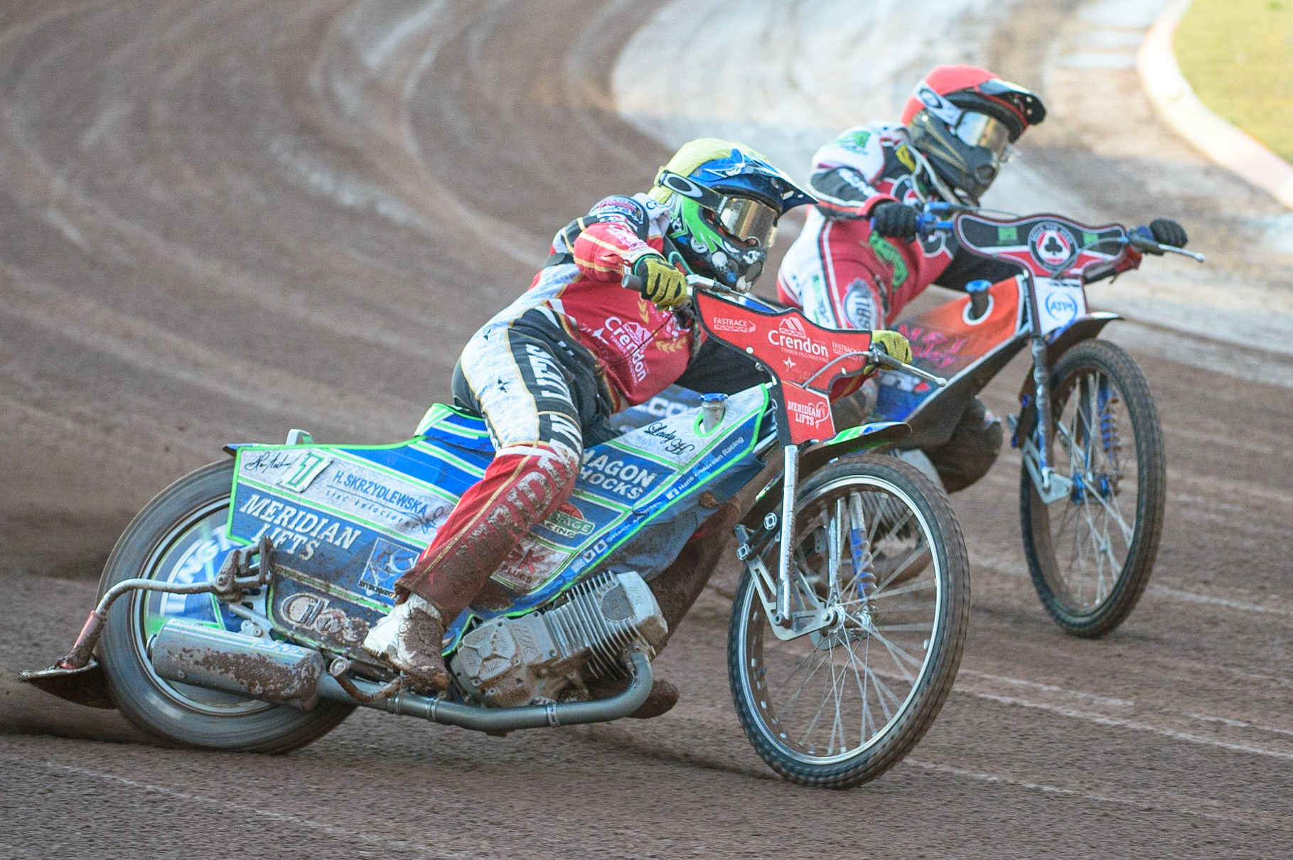 MANCHESTER, UK. AUG 9TH  Hans Andersen  (Yellow) outside Brady Kurtz  (Red) during the SGB Premiership match between Belle Vue Aces and Peterborough at the National Speedway Stadium, Manchester on Monday 9th August 2021. (Credit: Ian Charles | MI News)