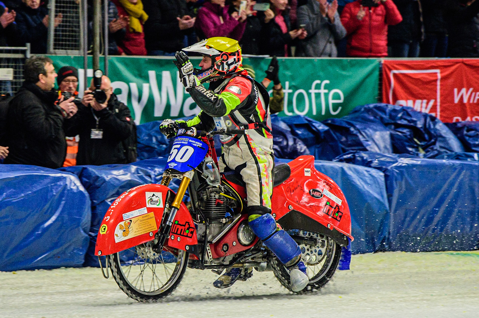 Harald Simon (50) celebrates his rostrum placing in third overall during the Ice Speedway Gladiators World Championship Final 2 at Max-Aicher-Arena, Inzell, Germany on Sunday 19th March 2023. (Photo: Ian Charles | MI News)
