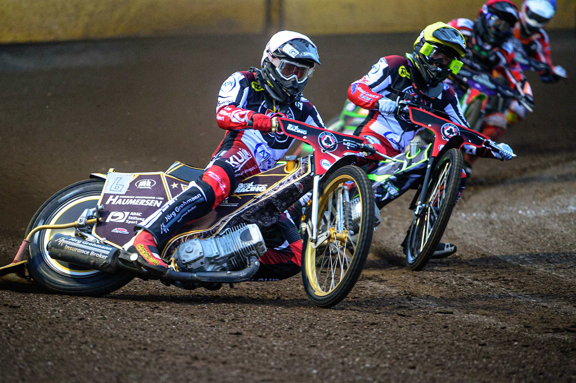 PETERBOROUGH, UK. MAY 9TH  Norick Blödorn (White) and Tom Brennan (Yellow) take maximum points for The Aces during the SGB Premiership match between Peterborough Panthers and Belle Vue Aces at East of England Showground, Peterborough on Monday 9th May 2022. (Credit: Ian Charles | MI News)