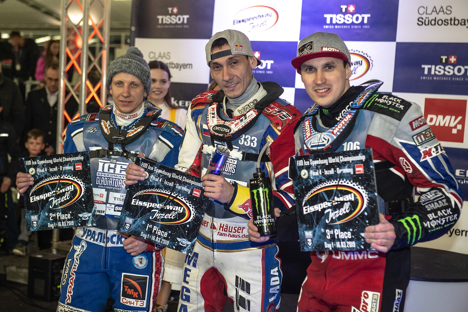 Photo: Ian Charles

Saturday Top 3: (l-r) Dmitri Khomitsevich (3rd) Danil Ivanov (Winner) and Dmitri Koltakov (3rd)

FIM Ice Speedway Gladiators World Championship, Event 4.1, Max-Aicher-Arena, Inzell, Germany, Saturday 16 March 2019