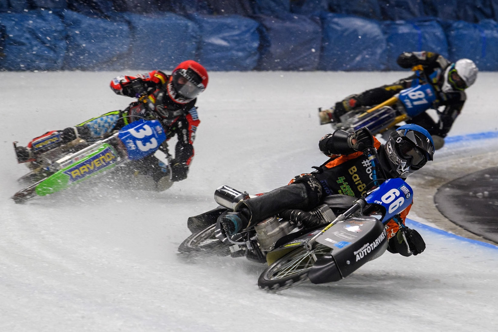 Finland's Aki Ala-Riihimäki (66) (Blue) leads  Germany's Johann Weber (33) (Red) and Sweden"s Jimmy Olsén (81) (White) during the FIM Ice Speedway Gladiators World Championship Final 1 at the Max-Aicher-Arena, Inzell on Saturday 23 March 2024. (Photo: Ian Charles | MI News)