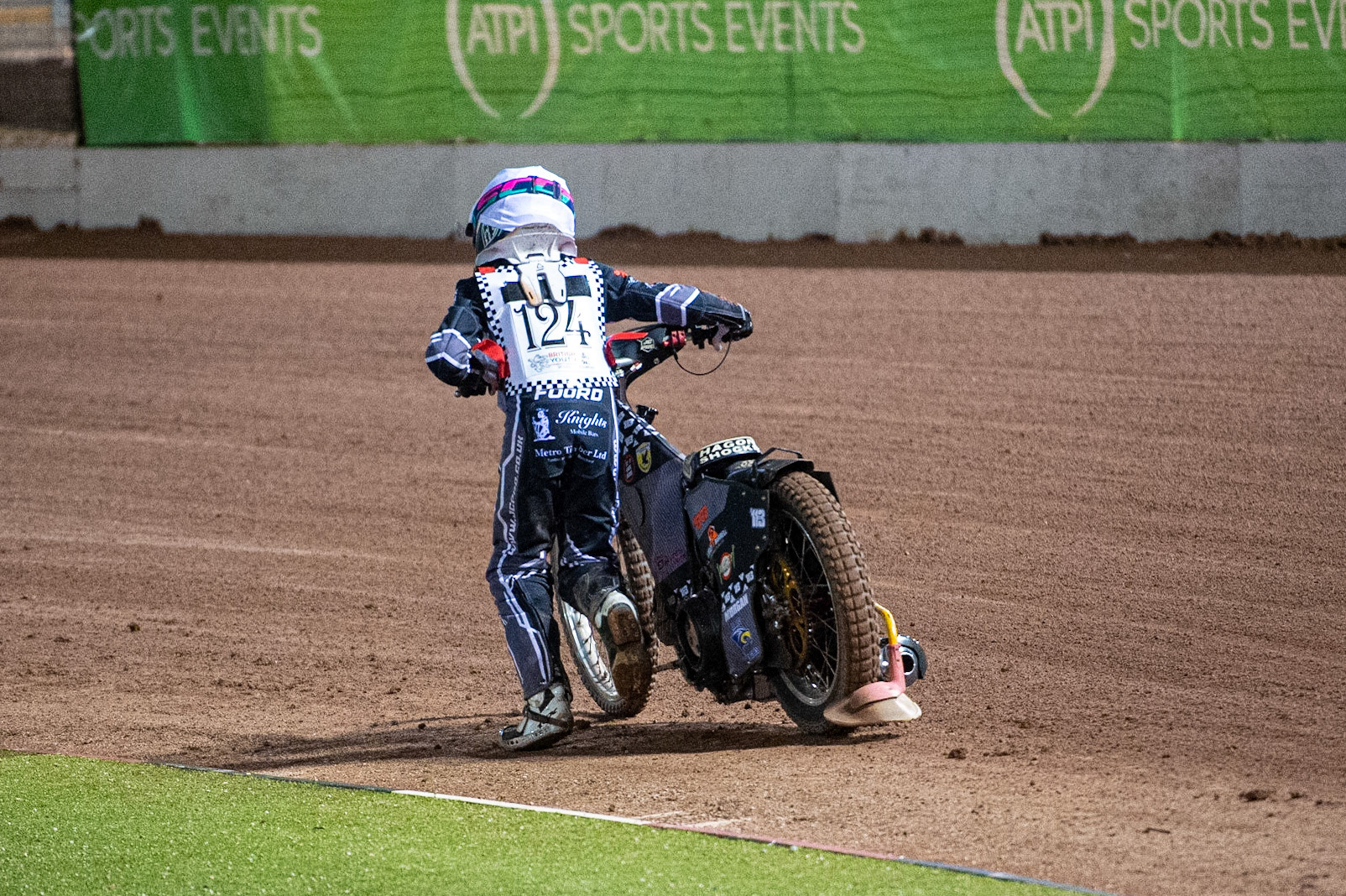 Photo: Ian CharlesVinnie Foord suffered an engine failure on the final turn so pushed his bike home for the 3rd place point (500cc B Class) British Youth Speedway Championship (Round 5), National Speedway Stadium, Manchester Saturday  10  October  2020