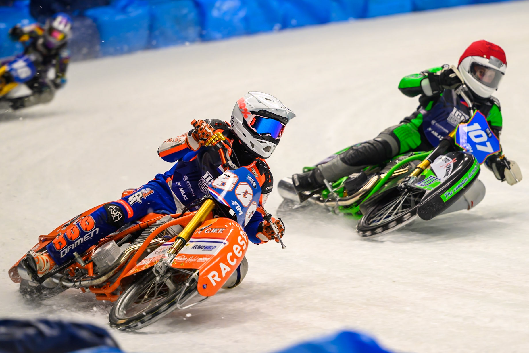 Jasper Iwema (800) of The Netherlands  in White rides outside Andrej Divis (107) of Czechia  in Red during the Ice Speedway Gladiators World Championship Final 1 at Max-Aicher-Arena, Inzell on Saturday 14th March 2026. (Photo: Ian Charles | MI News)