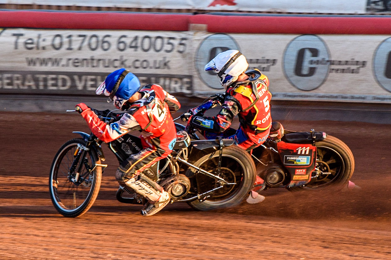 Freddy Hodder (Blue) inside Jacob Hook (White) during the National Development League match between Belle Vue Colts and Kent Royals at the National Speedway Stadium, Manchester on Friday 7th July 2023. (Photo: Ian Charles | MI News)