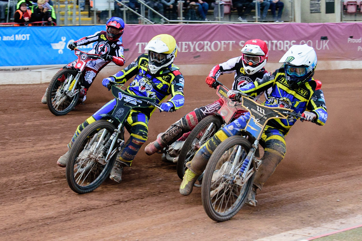 MANCHESTER, UK. JUL 5TH  Craig Cook  (Yellow) and Jack Holder  (White) lead Max Fricke  (Red) and Jye Etheridge  (Blue)  during the SGB Premiership match between Belle Vue Aces and Sheffield Tigers at the National Speedway Stadium, Manchester on Tuesday 5th July 2022. (Credit: Ian Charles | MI News)