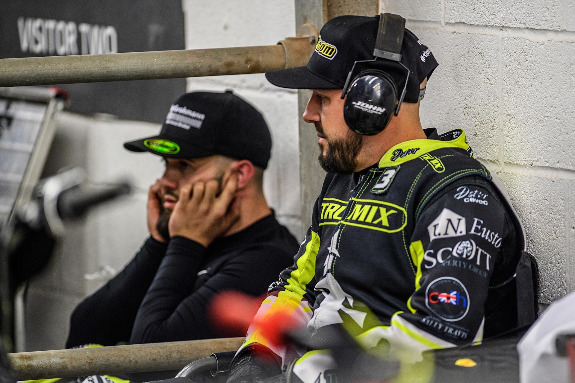 Erik Riss (Left) and Danny King before the meeting during the Sports Insure Premiership Semi Final Playoff 2nd leg match between Belle Vue Aces and Ipswich Witches at the National Speedway Stadium, Manchester on Monday 25th September 2023. (Photo: Ian Charles | MI News)