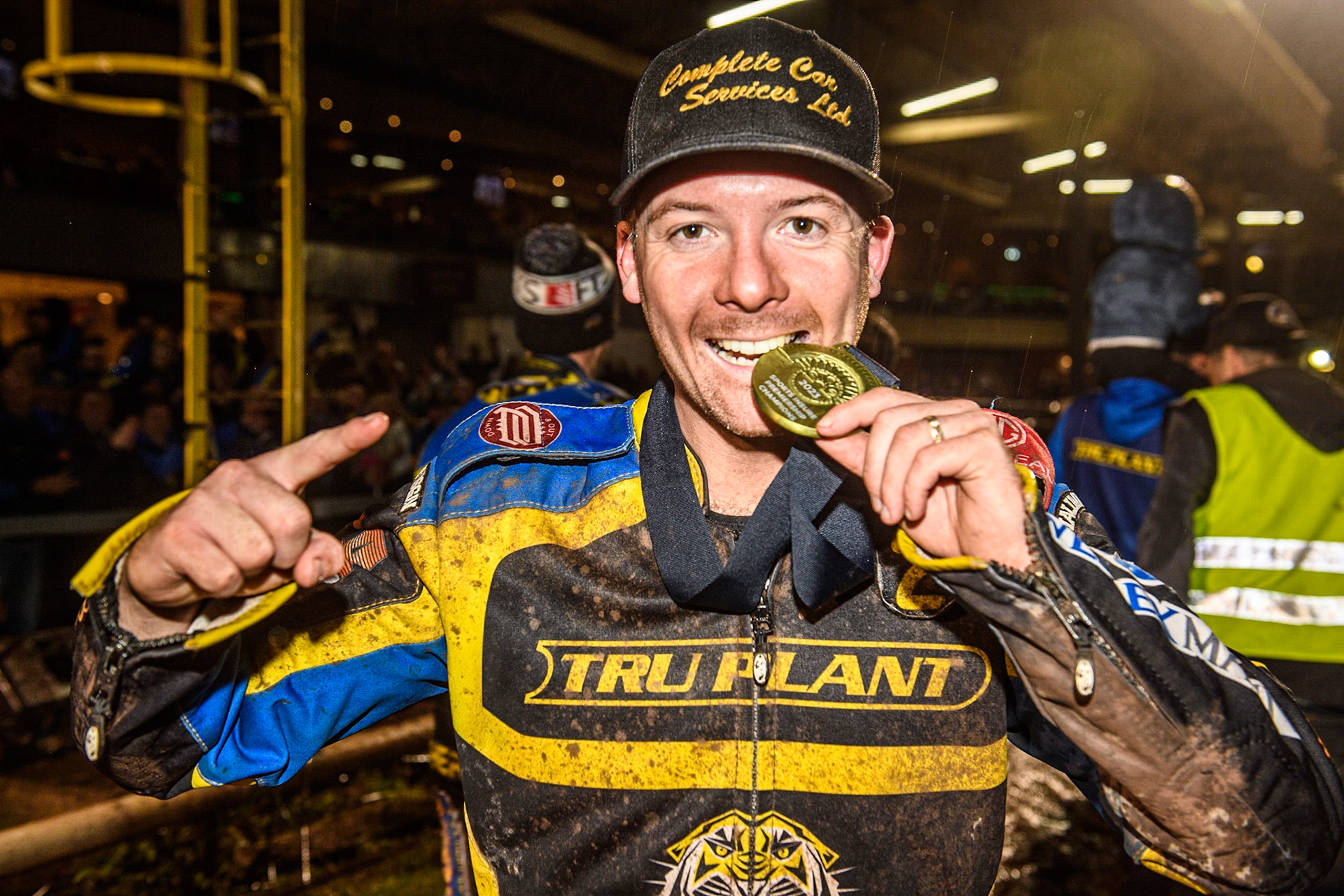 Sheffield team captain Kyle Howarth with his Premiership winners medal during the Sports Insure Premiership Grand Final Second Leg match between Sheffield Tigers and Ipswich Witches at Owlerton Stadium, Sheffield on Thursday 5th October 2023. (Photo: Ian Charles | MI News)