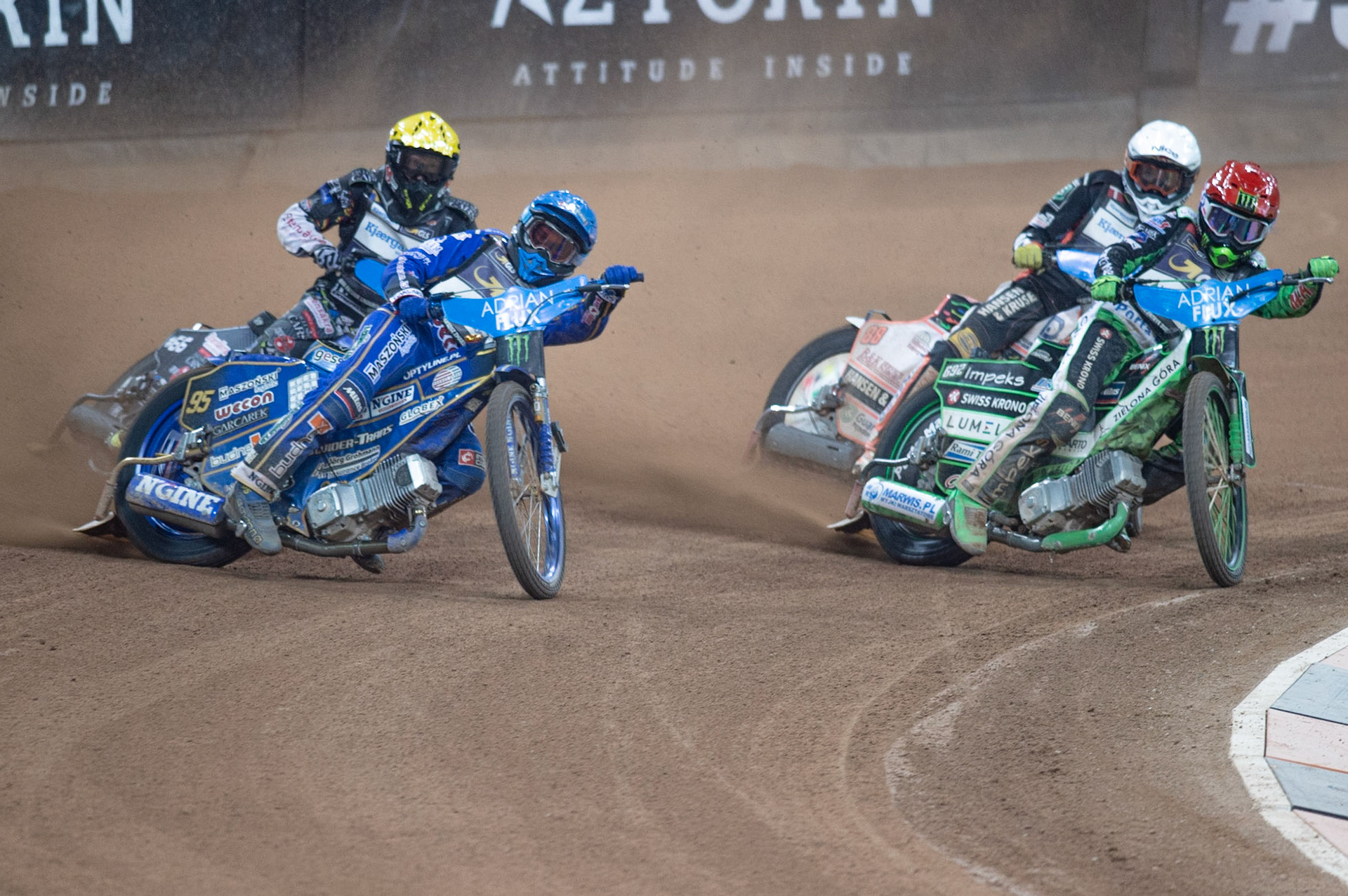CARDIFF,WALES Bartoz Zmarzlik (Blue) and Patryk Dudek (Red) lead Niels-Kristian Iversen (White) and Fredrik Lindgren (Yellow) during the ADRIAN FLUX BRITISH FIM SPEEDWAY GRAND PRIX at the Principality Stadium, Cardiff on Saturday 21st September 2019. (Credit: Ian Charles | MI News)
