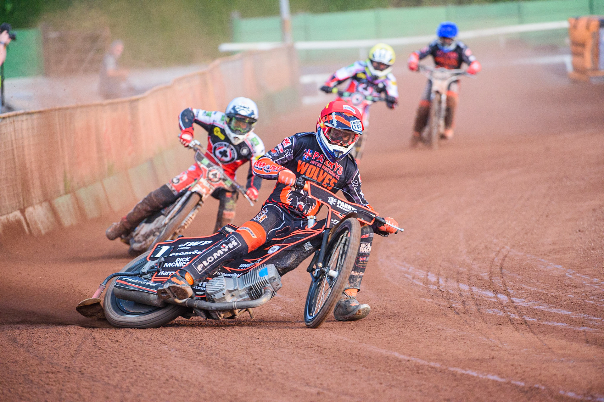 WOLVERHAMPTON, UK. JULY 26TH Sam Masters  (Red) leads Dan Bewley  (White), Tom Brennan  (Yellow) and Broc Nicol  (Blue) during the SGB Premiership match between Wolverhampton Wolves and Belle Vue Aces at the Ladbroke Stadium, Wolverhampton on Monday 26th July 2021. (Credit: Ian Charles | MI News)