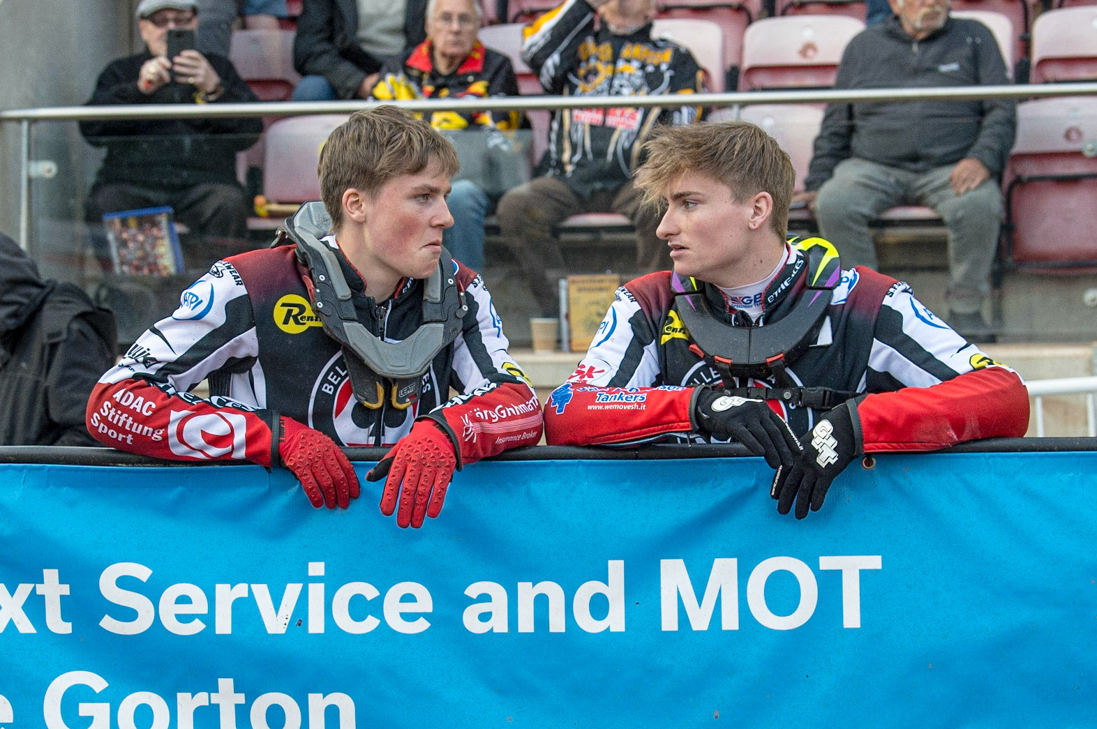 MANCHESTER, UK. JUN 13TH Norick Blödorn  (left) and Tom Brennan  chat during the track prep during the SGB Premiership match between Belle Vue Aces and Wolverhampton  Wolves at the National Speedway Stadium, Manchester on Monday 13th June 2022. (Credit: Ian Charles | MI News)