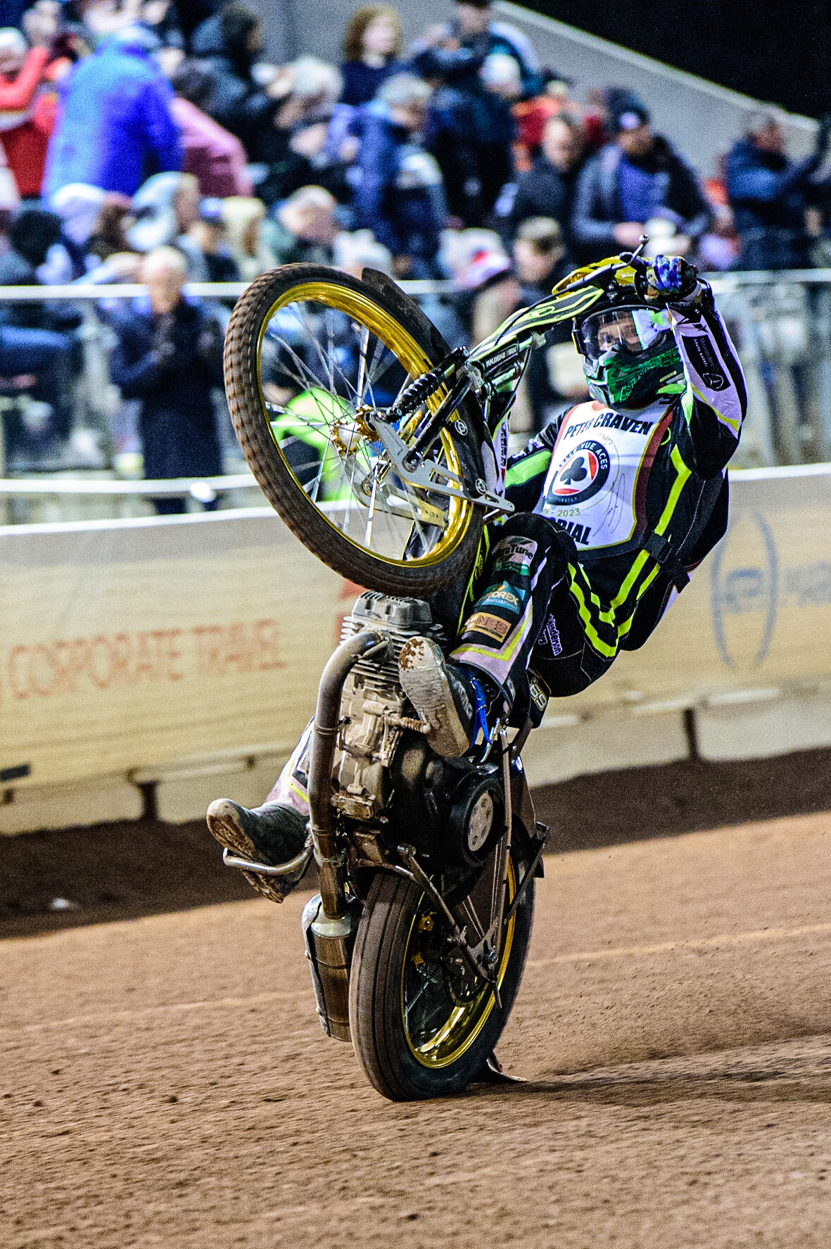 Jason Doyle  celebrates with a wheelie during the Peter Craven Memorial Trophy  at the National Speedway Stadium, Manchester on Monday 3rd April 2023. (Photo: Ian Charles | MI News)