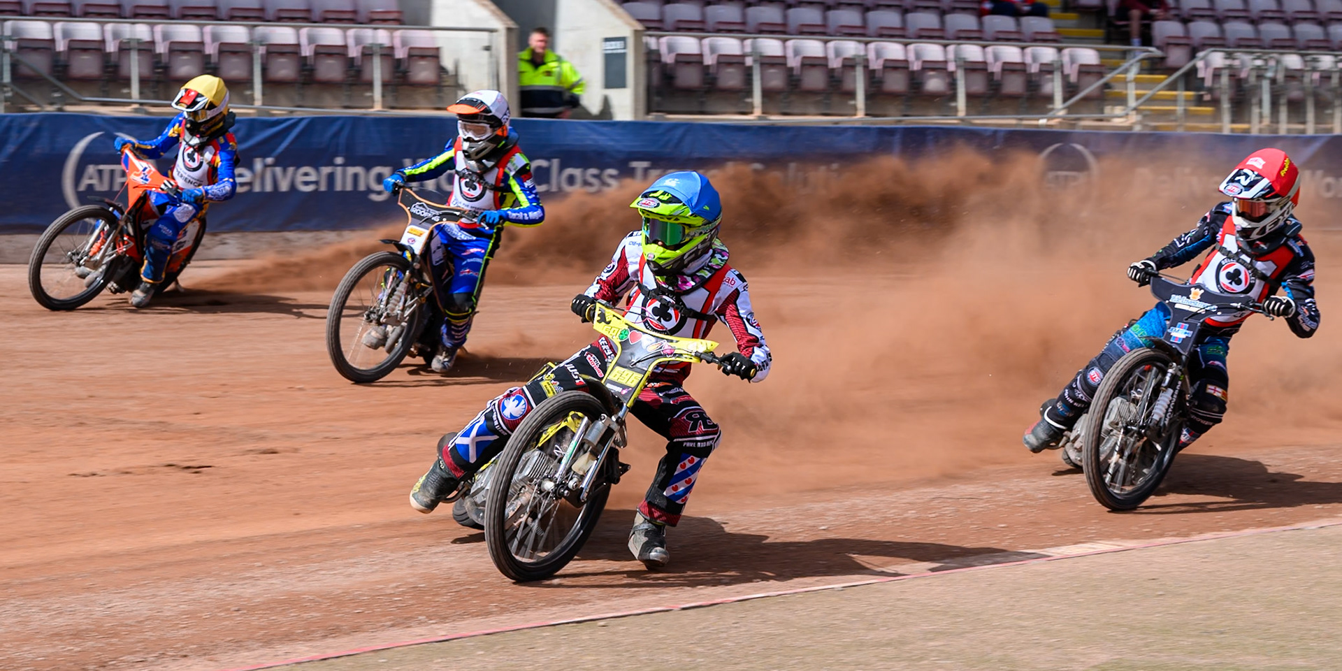 JR ASHWORTH &amp; SONS COLTS ACADEMY INDIVIDUALFINAL: Ace Pijper in Blue leading Jordy Loftus in Yellow, Ryan Ingram in White and Freddy Hodder  in Red during the JR Ashworth &amp; Sons Colts Individual at the National Speedway Stadium, Manchester on Sunday 10th May 2026. (Photo: Ian Charles | MI News)