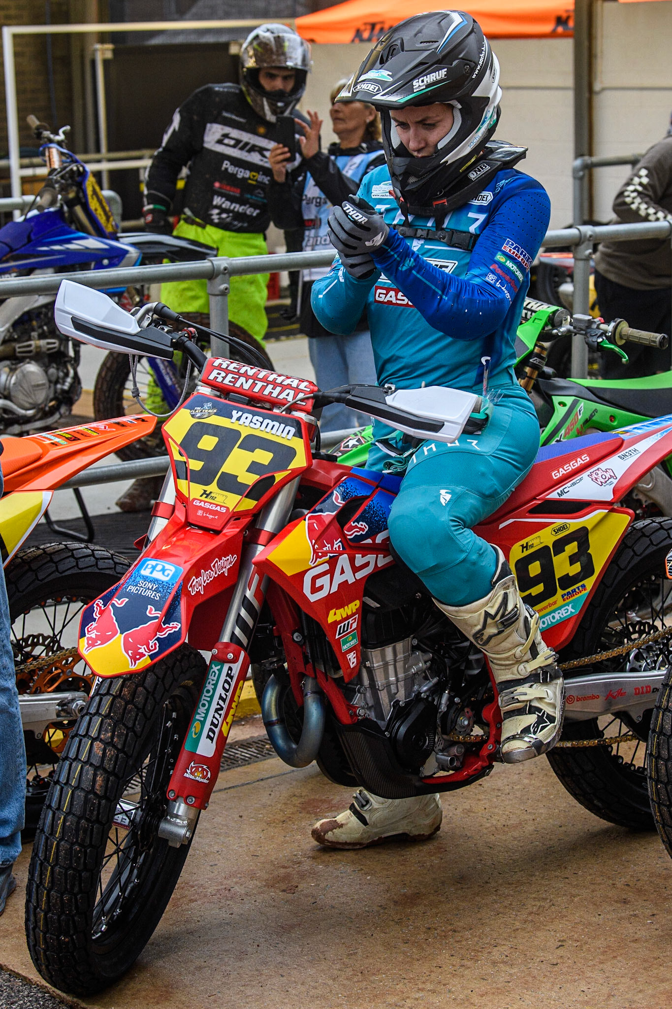 Yasmin Poppenreiter (93) from Austria prepares to go out for practice during the FIM World Flat Track Championship Round 1 at the National Speedway Stadium, Manchester on Saturday 5th August 2023. (Photo: Ian Charles | MI News)
