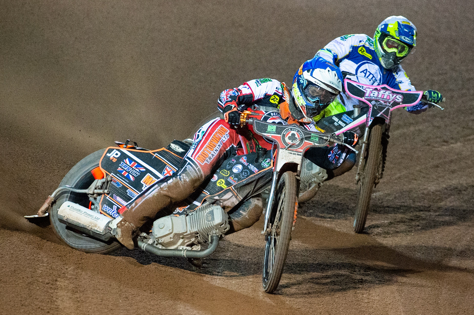 Photo: Ian CharlesJordan Palin of Belle Vue 'BikeRight' Aces (Blue) leads Chris Harris of the 'ATPI' All StarsBelle Vue ‘Bikerite ’Aces v ‘ATPI’ All Stars, Premiership Challenge, National Speedway Stadium, Manchester Thursday  24  September  2020