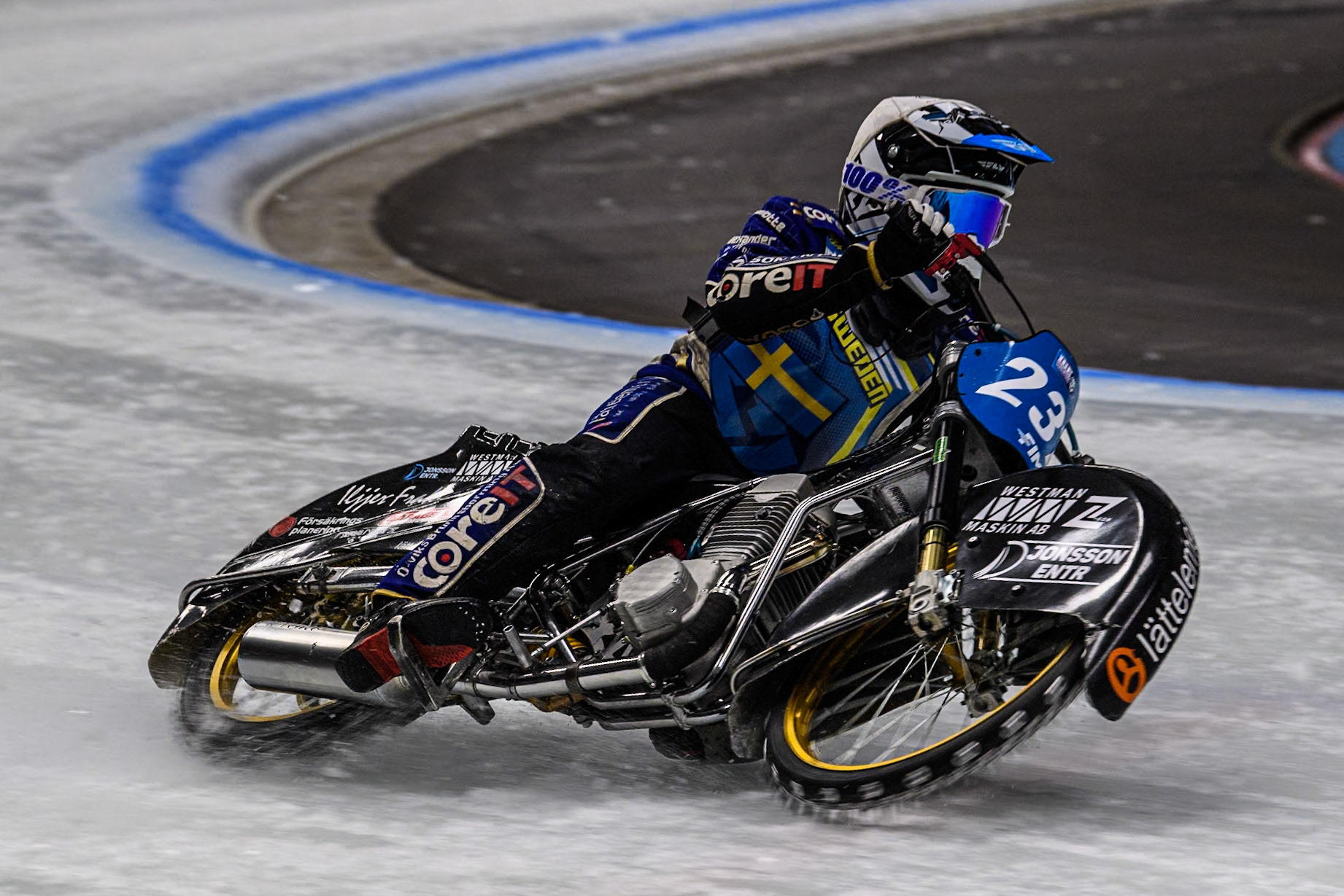 Sweden's Jimmy Hörnell Lidfalk (237) in action during the FIM Ice Speedway Gladiators World Championship Final 1 at the Max-Aicher-Arena, Inzell on Saturday 23 March 2024. (Photo: Ian Charles | MI News)