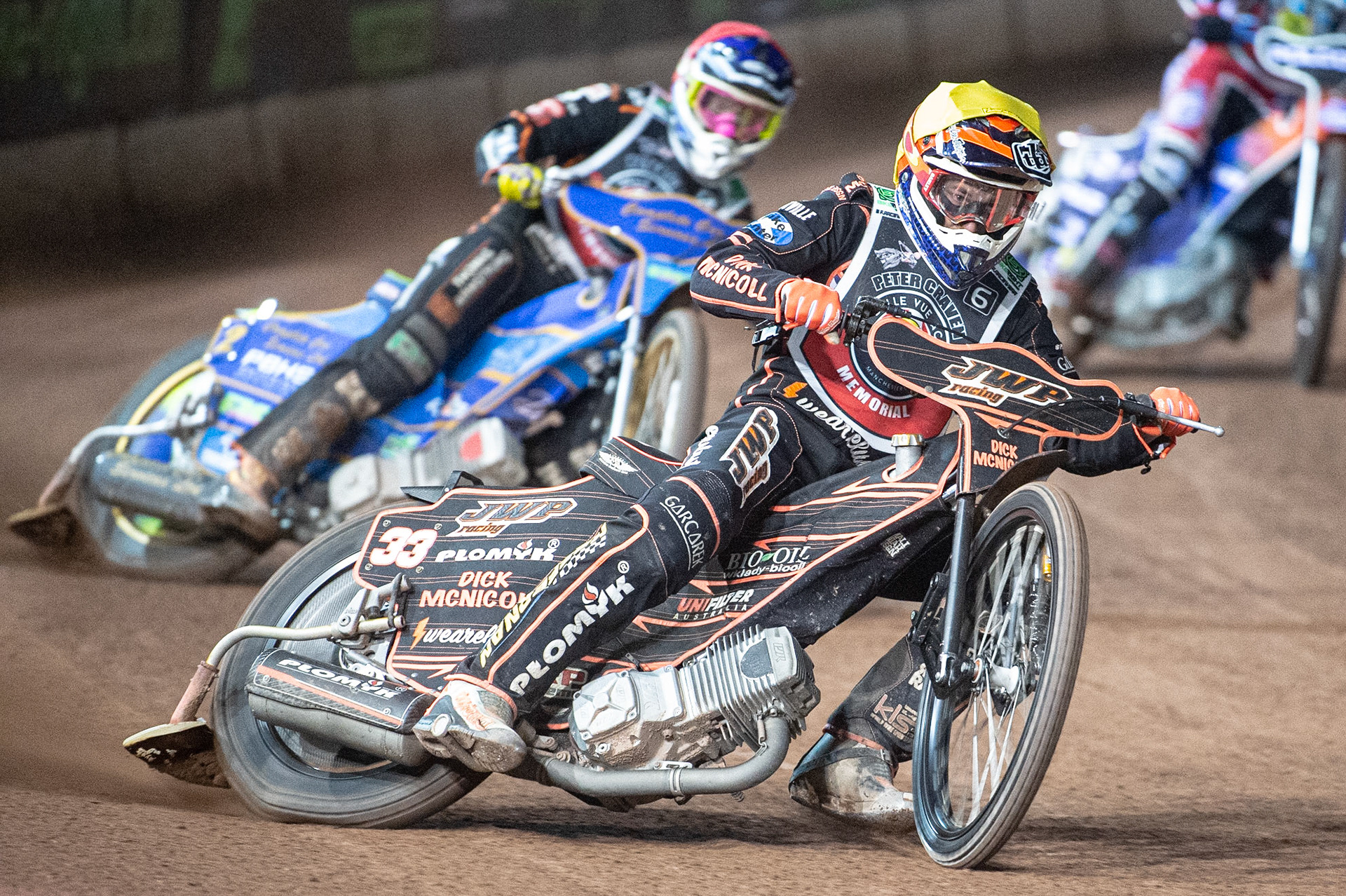 Photo: Ian CharlesSam Masters (Yellow) leads Kyle Howarth (Red)Peter Craven Memorial Trophy, National Speedway Stadium, Manchester Thursday  22  October  2020