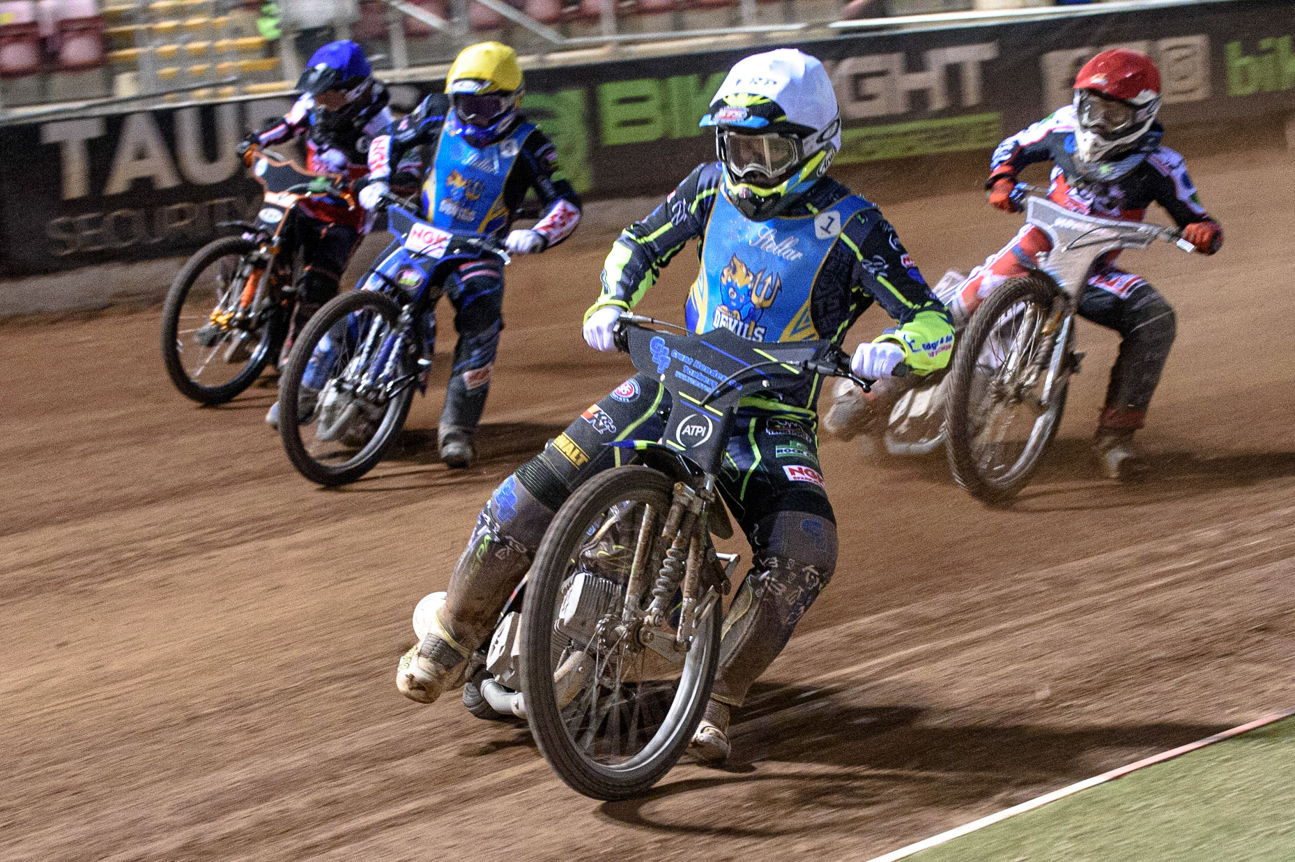 MANCHESTER, UK. AUGUST 20TH  Kyle Bickley  (White) leads Tom Woolley  (Yellow) Jack Smith  (Blue) and Sam McGurk  (Red)during the National Development League match between Belle Vue Aces and Armadale Devils at the National Speedway Stadium, Manchester on Friday 20th August 2021. (Credit: Ian Charles | MI News)