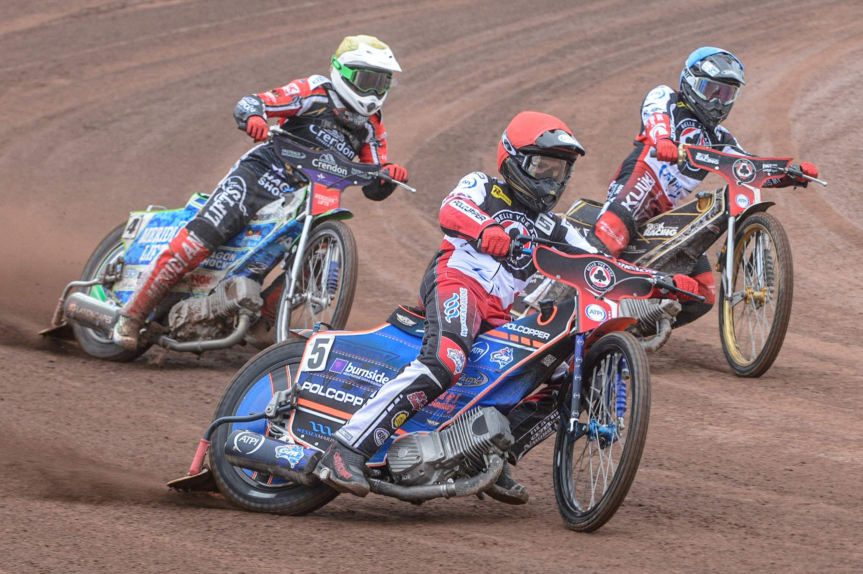 MANCHESTER, UK. MAY 2ND  Brady Kurtz  (Red) leads Tom Brennan  (Blue) and Hans Andersen   (Yellow) during the SGB Premiership match between Belle Vue Aces and Peterborough at the National Speedway Stadium, Manchester on Monday 2nd May 2022. (Credit: Ian Charles | MI News)  (Red) leads Tom Brennan  (Blue) and Hans Andersen   (Yellow) during the SGB Premiership match between Belle Vue Aces and Peterborough at the National Speedway Stadium, Manchester on Monday 2nd May 2022. (Credit: Ian Charles | MI News)