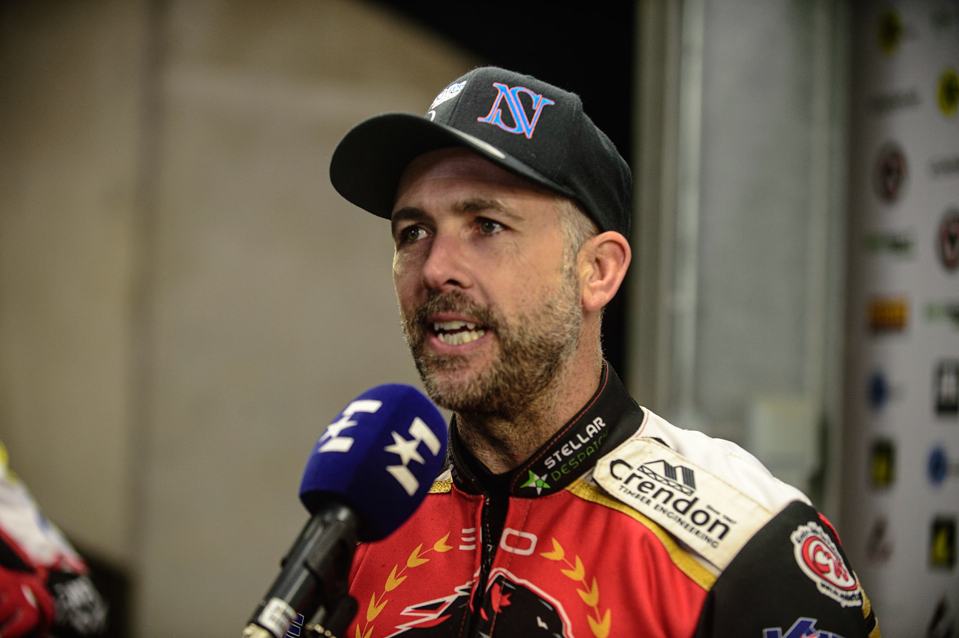 MANCHESTER, UK. OCT 11TH  Scott Nicholls  gives Eurosport an interview during the SGB Premiership Grand Final 1st Leg between Belle Vue Aces and Peterborough Panthers at the National Speedway Stadium, Manchester on Monday 11th October 2021. (Credit: Ian Charles | MI News)