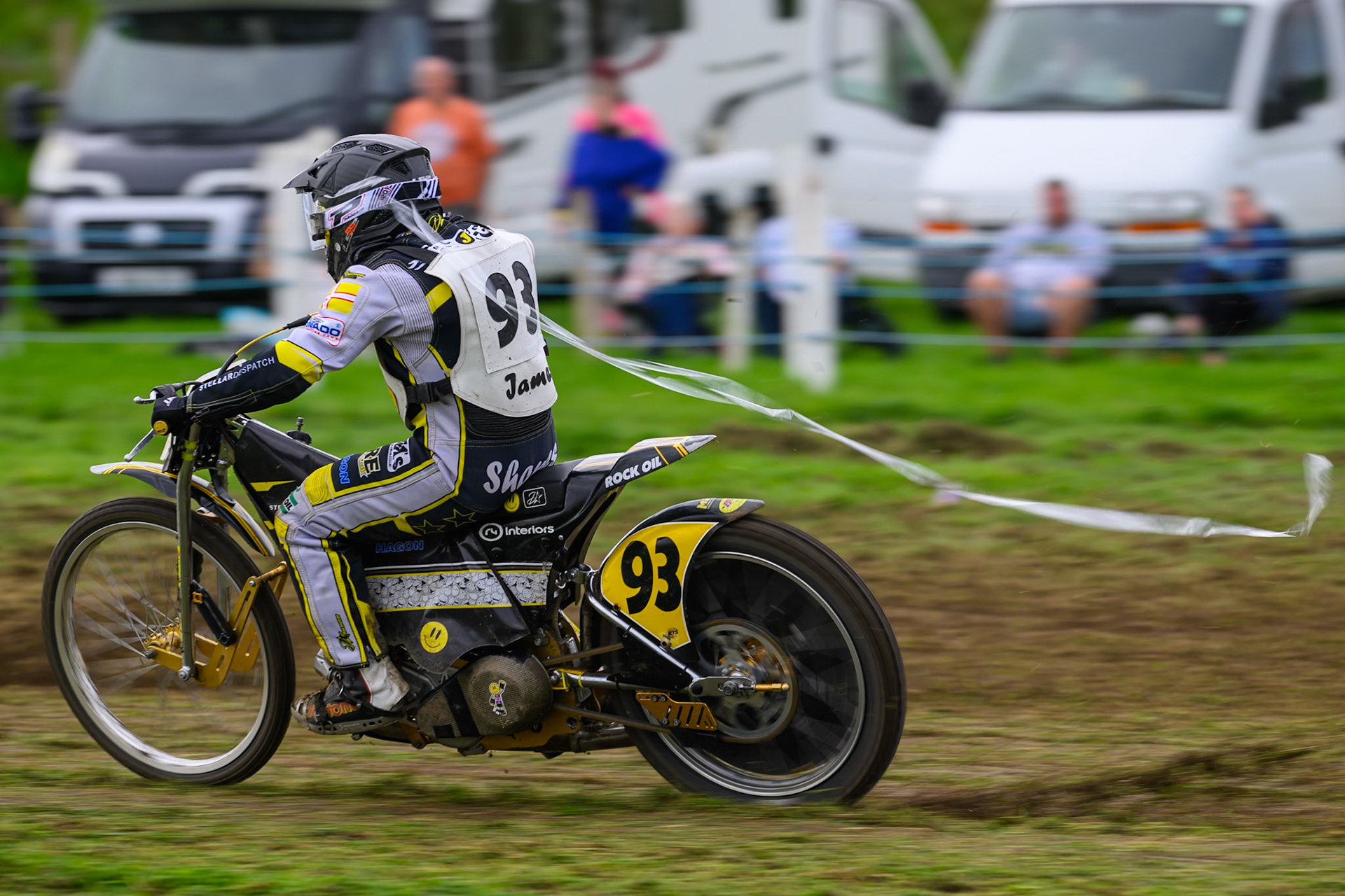 British Masters (Solos): James Shanes (93)  finds his goggle screen has popped from its cartridge during the British Masters Grasstrack Championship at Lower Marsh Farm, Much Hoole, Preston in Lancashire, England on Sunday 13th September 2026. (Photo: Ian Charles | MI News)