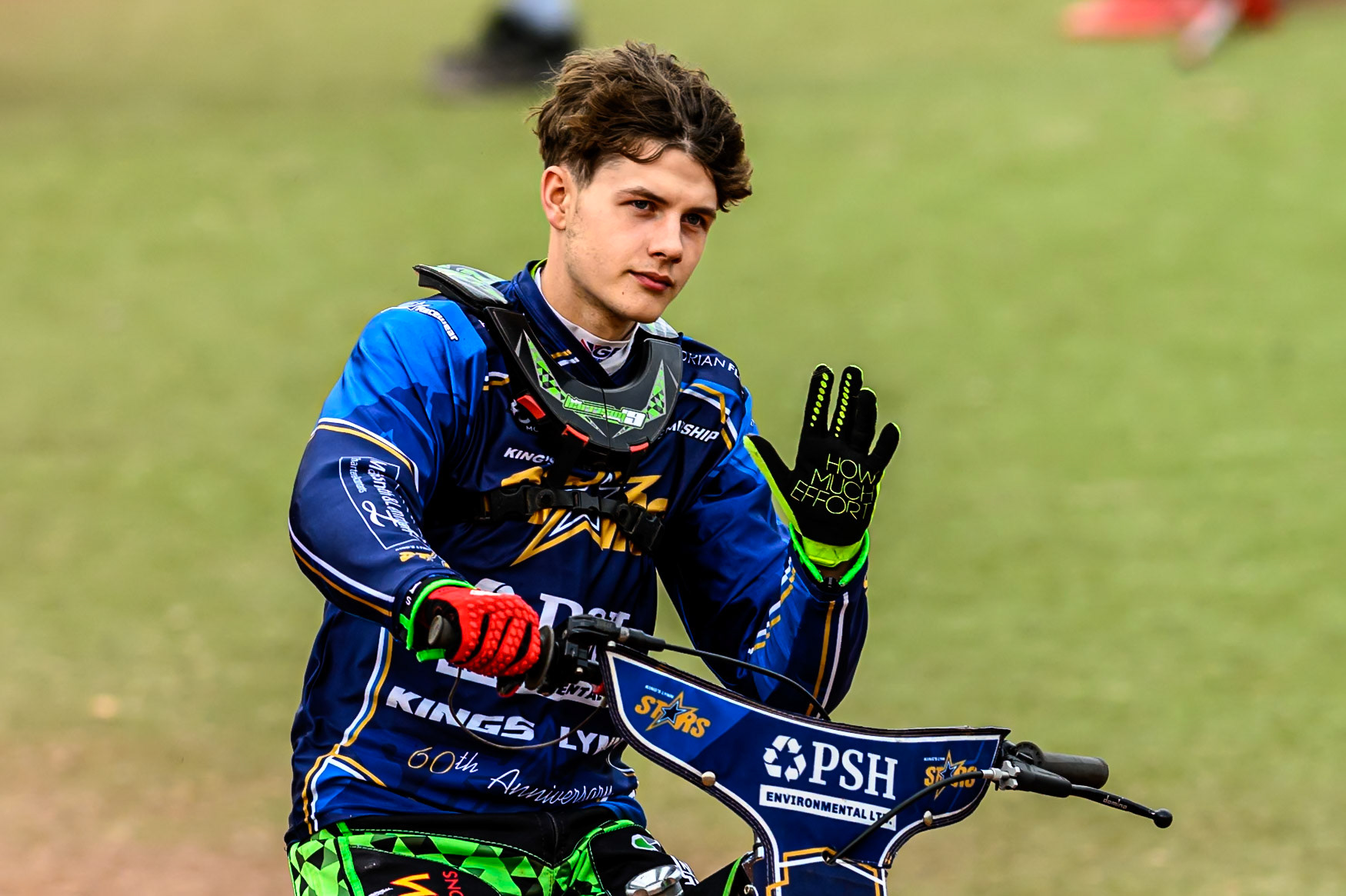 Kings Lynn Stars' Luke Harrison on the parade lap during the Rowe Motor Oil Premiership match between Belle Vue Aces and King's Lynn Stars at the National Speedway Stadium, Manchester on Monday 23rd June 2025. (Photo: Ian Charles | MI News)