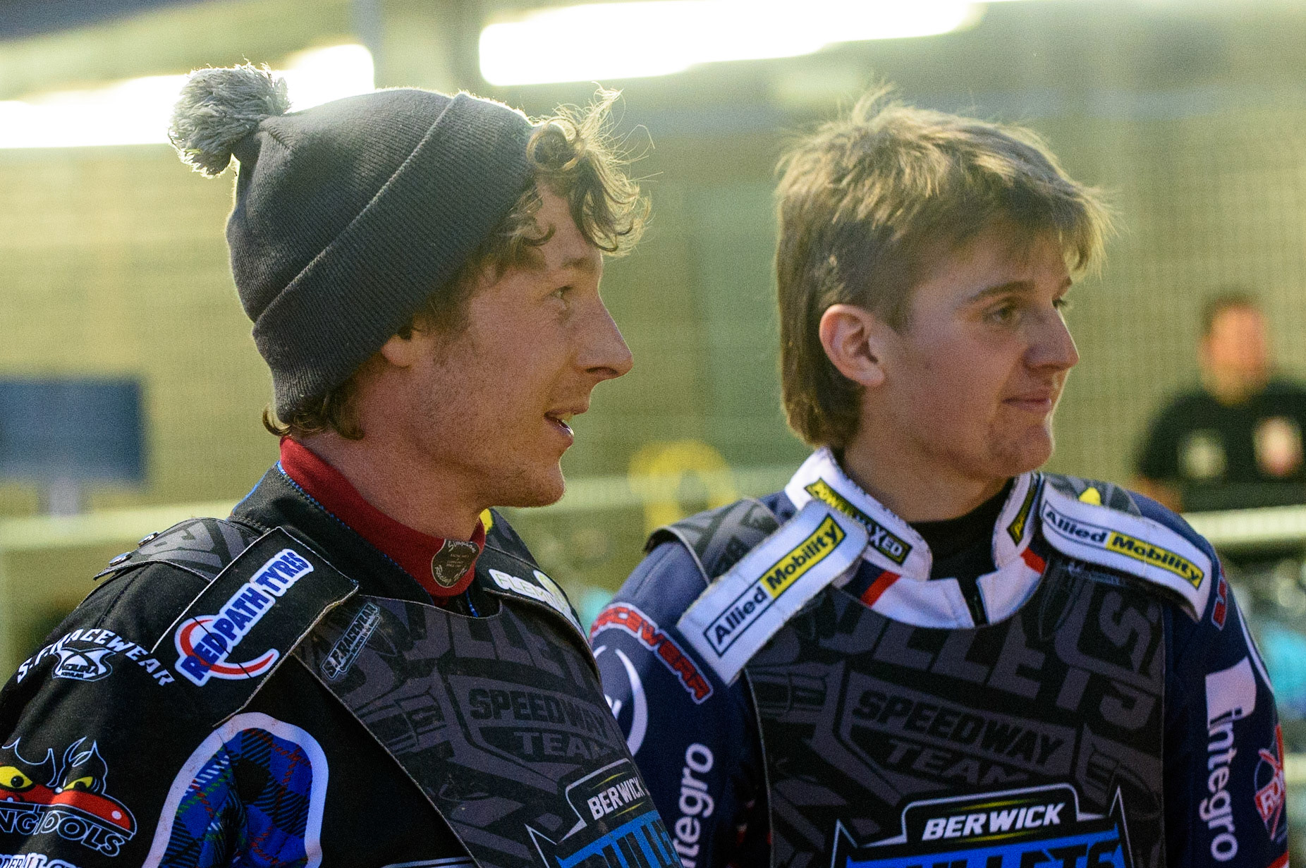 MANCHESTER, UK. MAY 28TH  Greg Blair  (left) and Leon Flint  during the SGB National Development League match between Belle Vue Colts and Berwick Bullets at the National Speedway Stadium, Manchester on Friday 28th May 2021. (Credit: Ian Charles | MI News)