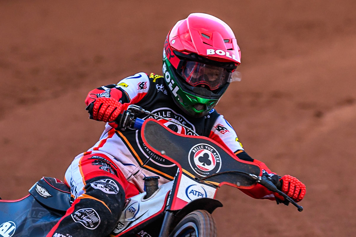 Belle Vue Aces' Brady Kurtz  during the Rowe Motor Oil Premiership match between Belle Vue Aces and Ipswich Witches at the National Speedway Stadium, Manchester on Monday 30th June 2025. (Photo: Ian Charles | MI News)
