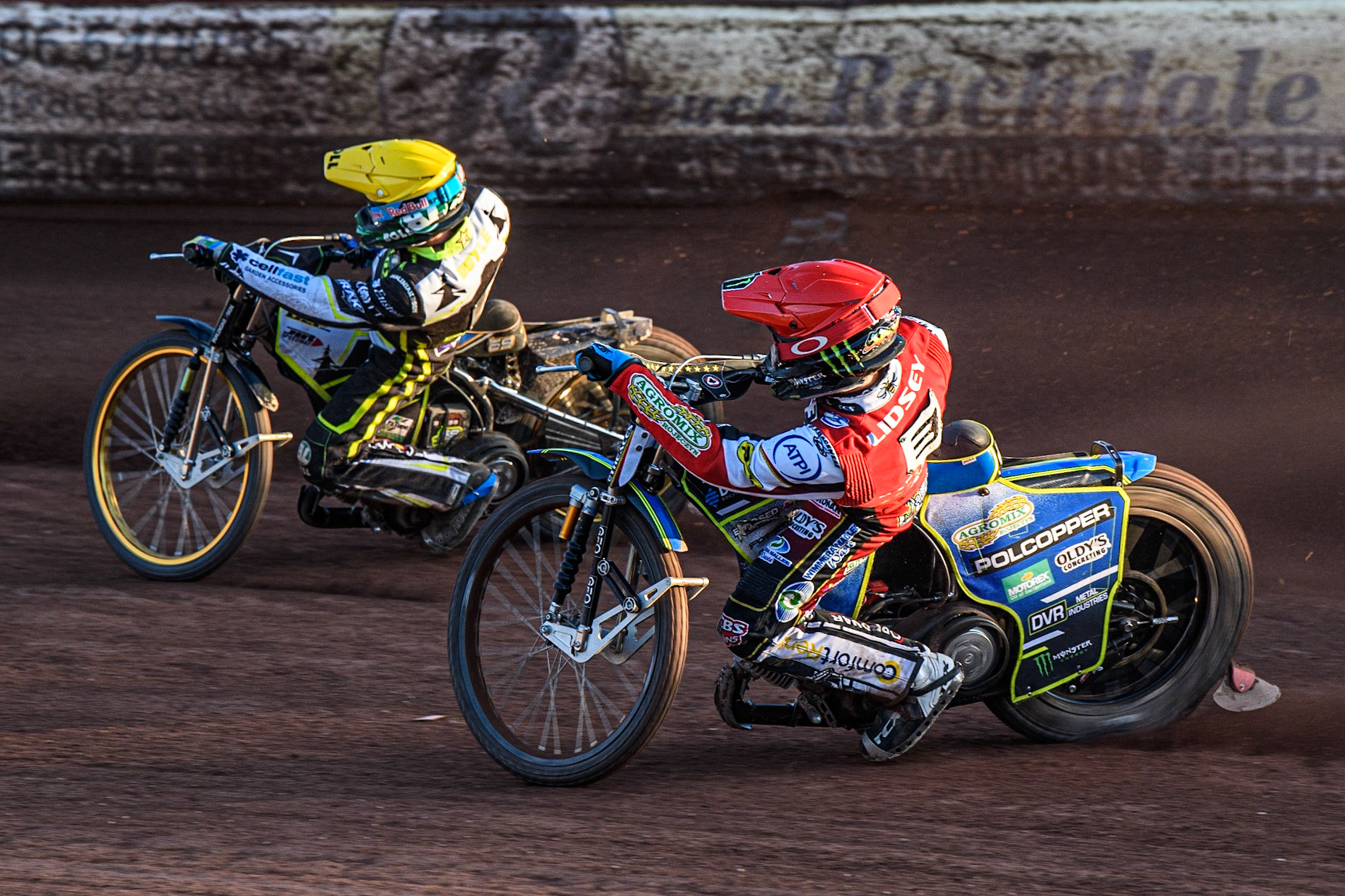 Jaimon Lidsey (Red) chases Jason Doyle (Yellow) during the Sports Insure Premiership match between Belle Vue Aces and Ipswich Witches at the National Speedway Stadium, Manchester on Monday 5th June 2023. (Photo: Ian Charles | MI News)