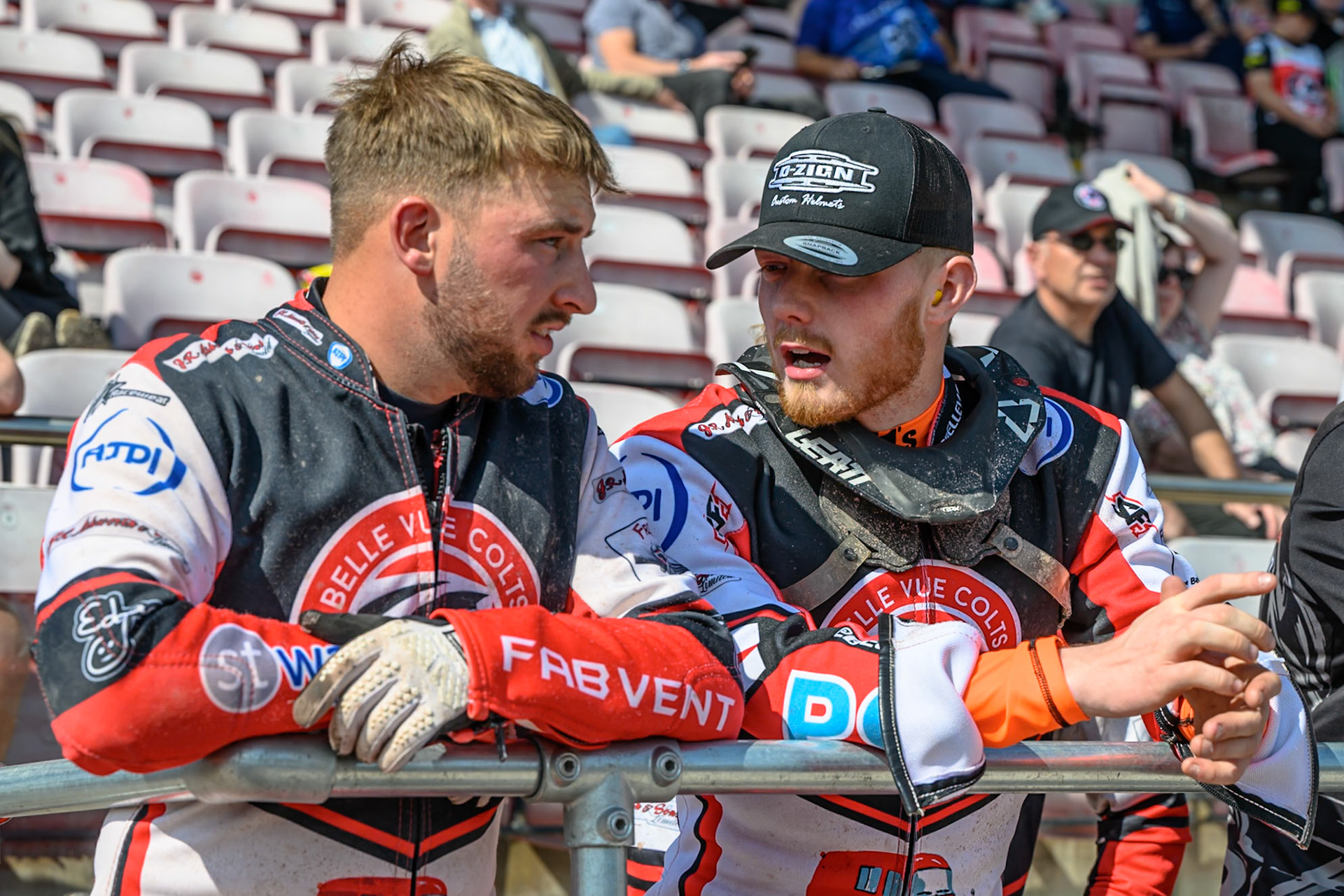 Mason Watson of Belle Vue Colts  (Left) chats with Jack Shimelt of Belle Vue Colts  during the WSRA National Development League match between Belle Vue Colts and Middlesbrough Tigers at the National Speedway Stadium, Manchester on Sunday 10th August 2025. (Photo: Mark Fletcher | MI News)