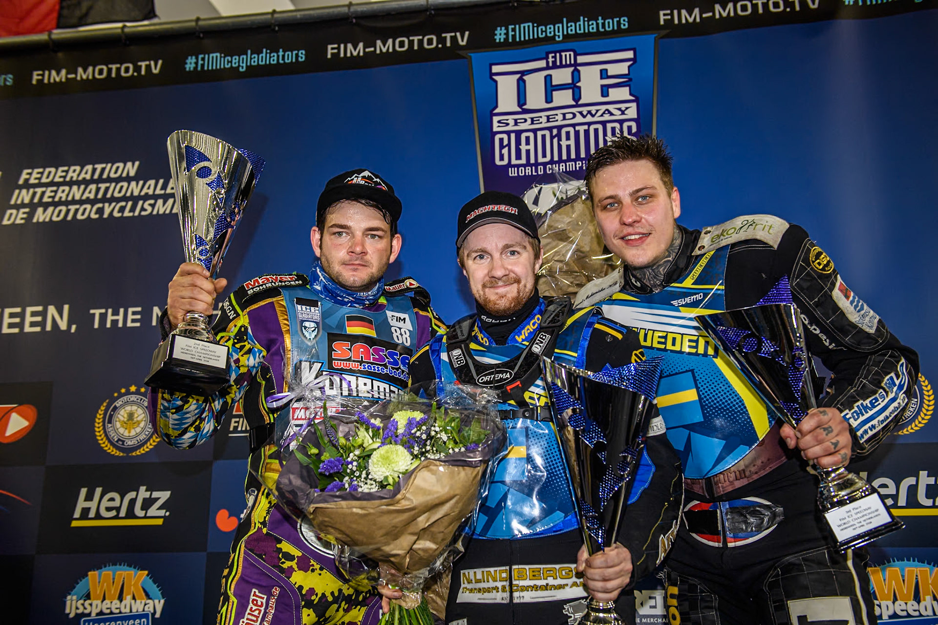 Top 3: Germany's Max Niedermaier (2nd), Sweden's Martin Haarahiltunen (Winner) Sweden"s Jimmy Olsén (3rd)during the FIM Ice Speedway Gladiators World Championship Final 3 at Ice Rink Thialf, Heerenveen on Saturday 6th April 2024. (Photo: Ian Charles | MI News)