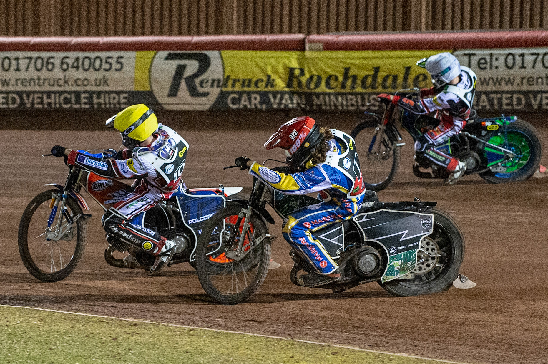 Photo: Ian CharlesBrady Kurtz (Yellow) leads Richard Lawson (Red) as Dan Bewley goes around the outside Peter Craven Memorial Trophy, National Speedway Stadium, Manchester Thursday  22  October  2020