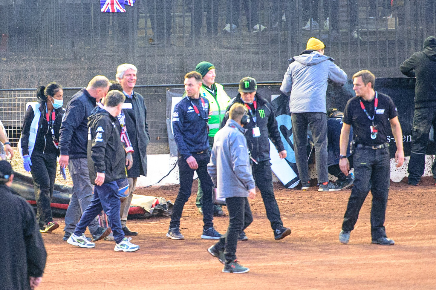 MANCHESTER, UK. OCT 16TH Tai Woffinden walks away from his crash with members of the Team GB support staff and medical staff during the Monster Energy FIM Speedway of Nations at the National Speedway Stadium, Manchester on Saturday  16th October 2021. (Credit: Ian Charles | MI News)