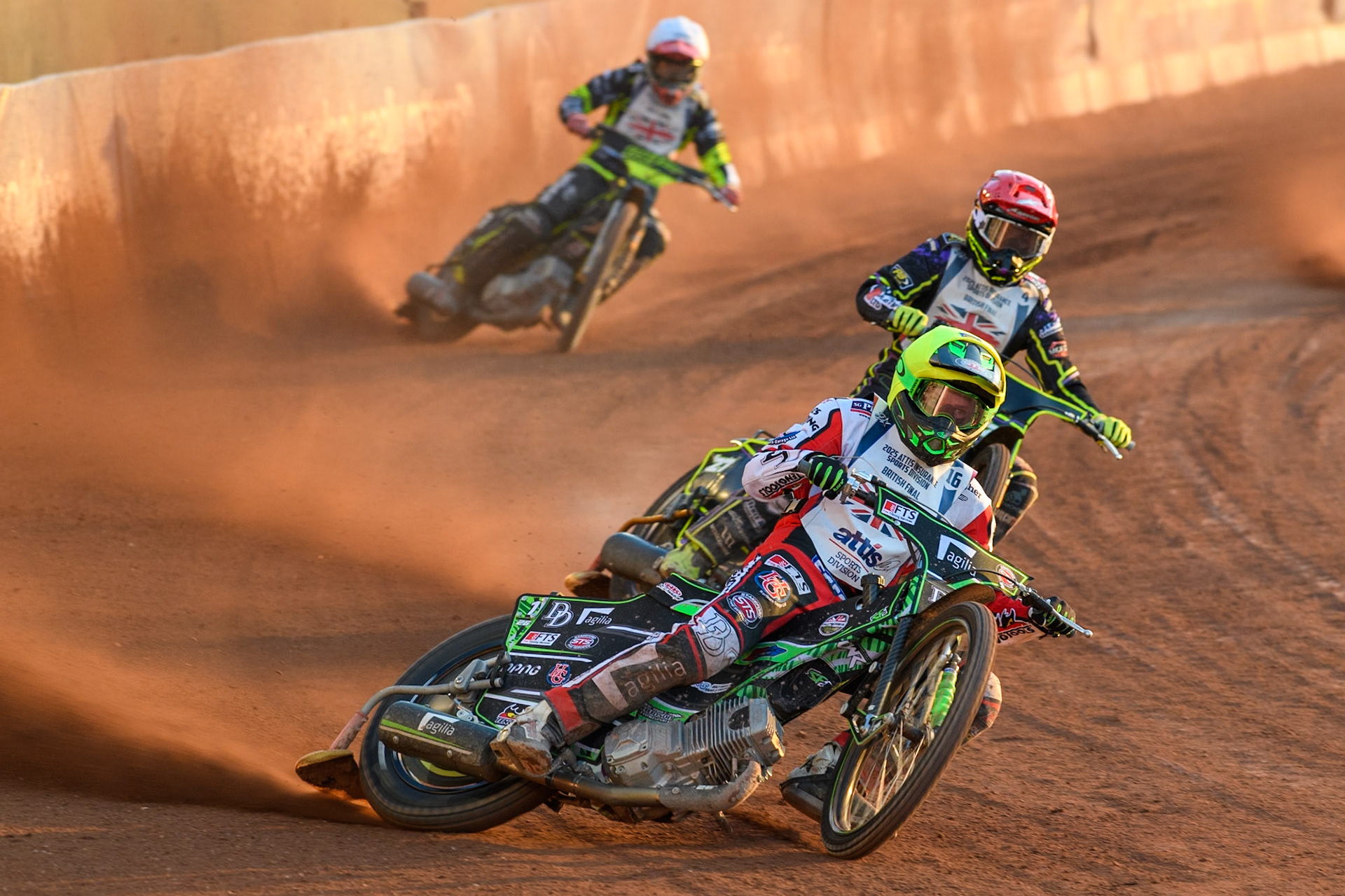 Charles Wright in Yellow leading Tom Brennan in Red during the Attis Insurance Sports Division British Final at the National Speedway Stadium, Manchester on Monday 12th May 2025. (Photo: Ian Charles | MI News)