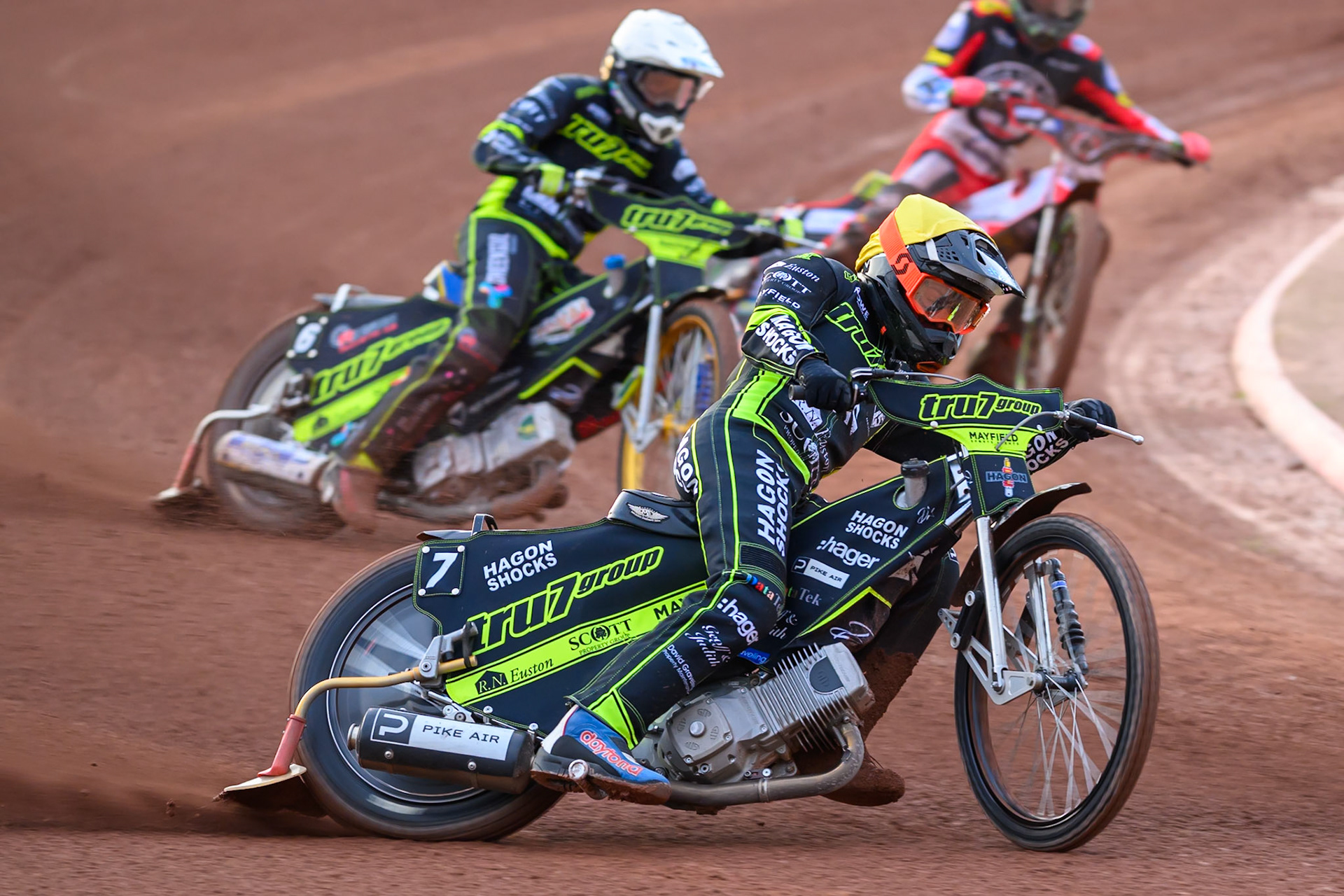Jason Edwards of Ipswich Witches in Yellow leading Philip Hellstrom-Bangs of Ipswich Witches  in White during the Rowe Motor Oil Premiership match between Belle Vue Aces and Ipswich Witches at the National Speedway Stadium, Manchester on Monday 20th April 2026. (Photo: Ian Charles | MI News)