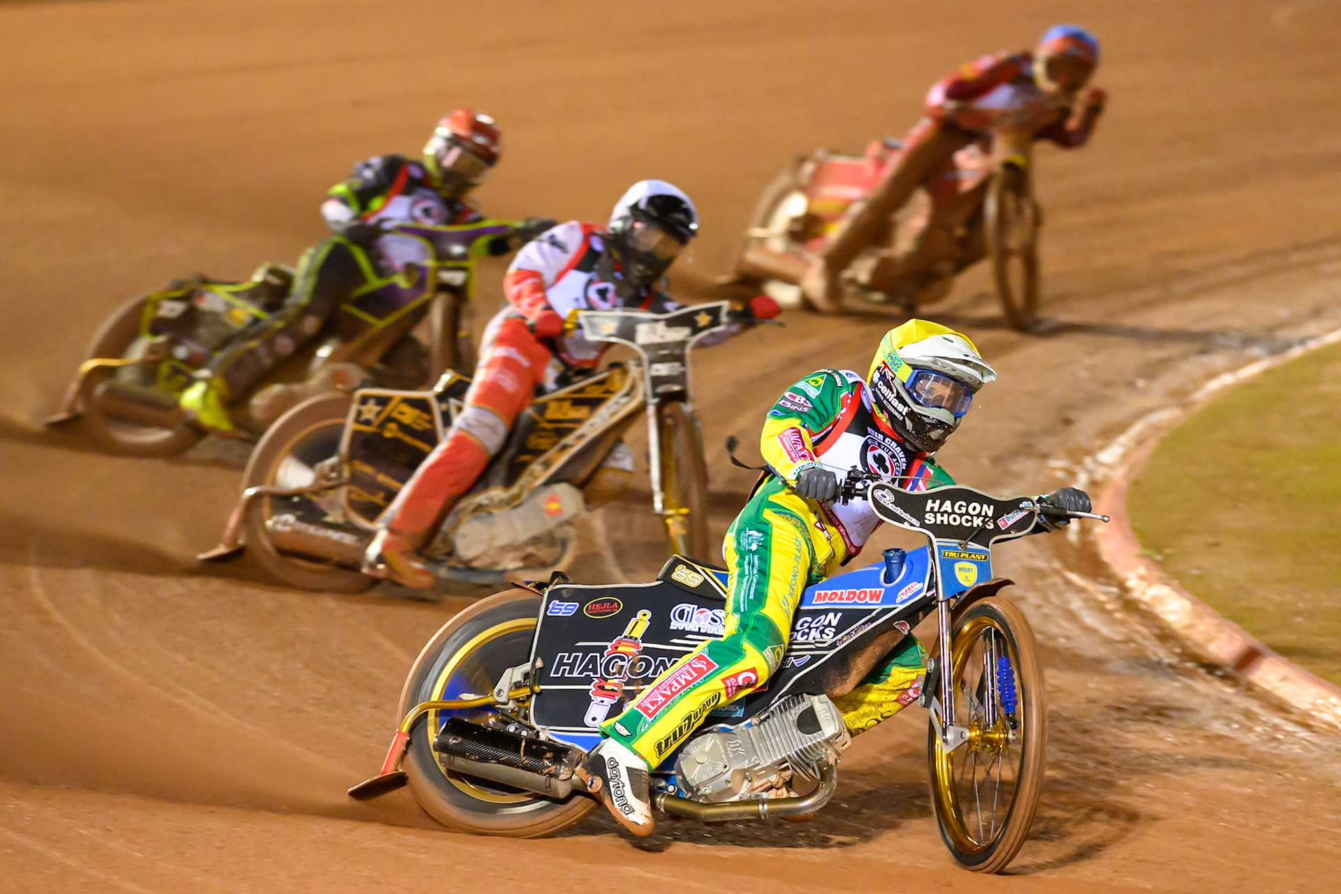 Jason Doyle  in Yellow leading Norick Blodorn in White, Tom Brennan in Red and Max Fricke  in Blue during the Peter Craven Memorial Trophy at the National Speedway Stadium, Manchester, on Monday 16th March 2026. (Photo: Ian Charles | MI News)