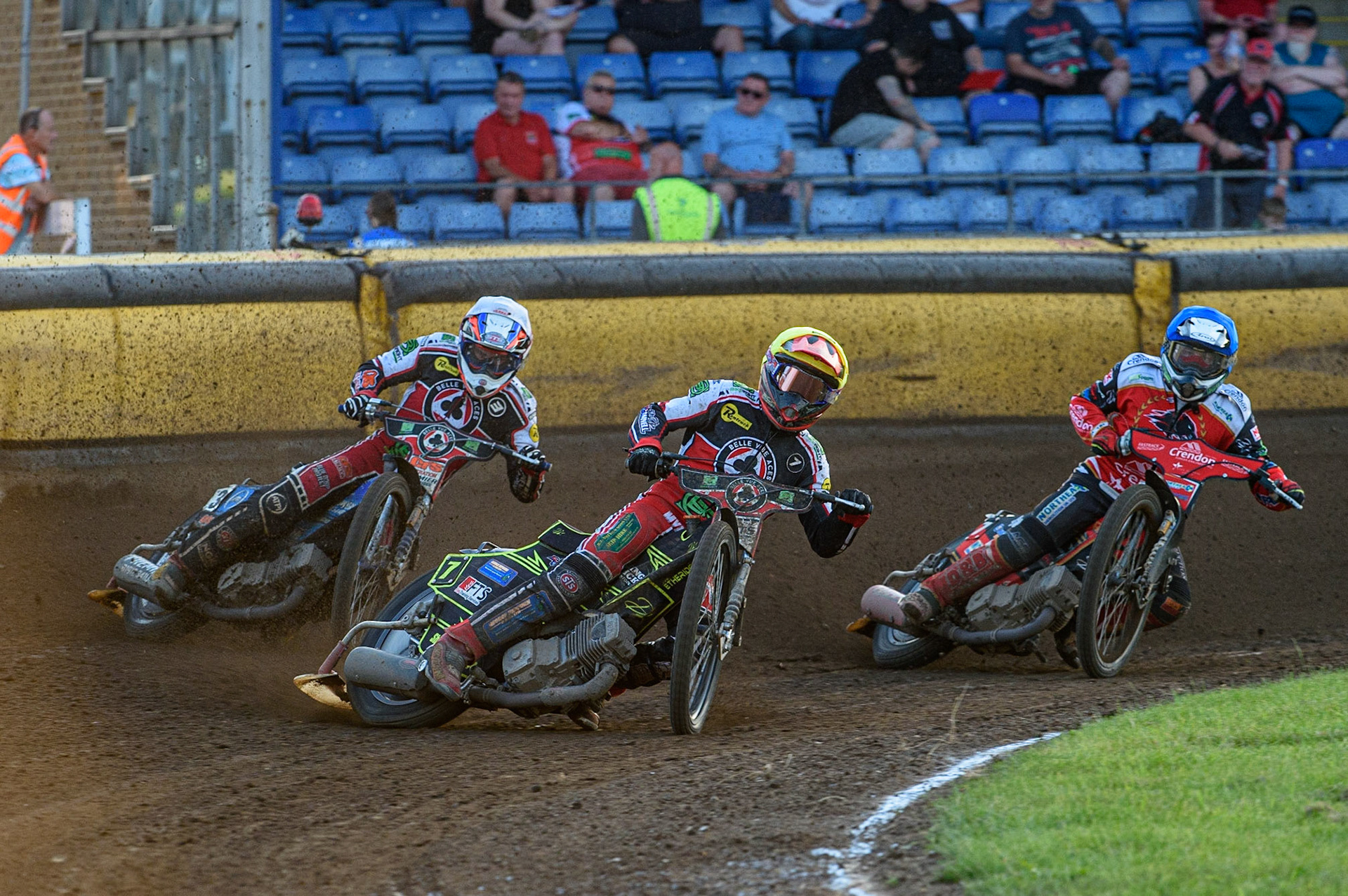 PETERBOROUGH, UK. JULY 19TH  Jye Etheridge  (Yellow) leads Steve Worrall  (White) and Chris Harris  (Blue) during the SGB Premiership match between Peterborough and Belle Vue Aces at East of England Showground, Peterborough on Monday 19th July 2021. (Credit: Ian Charles | MI News)