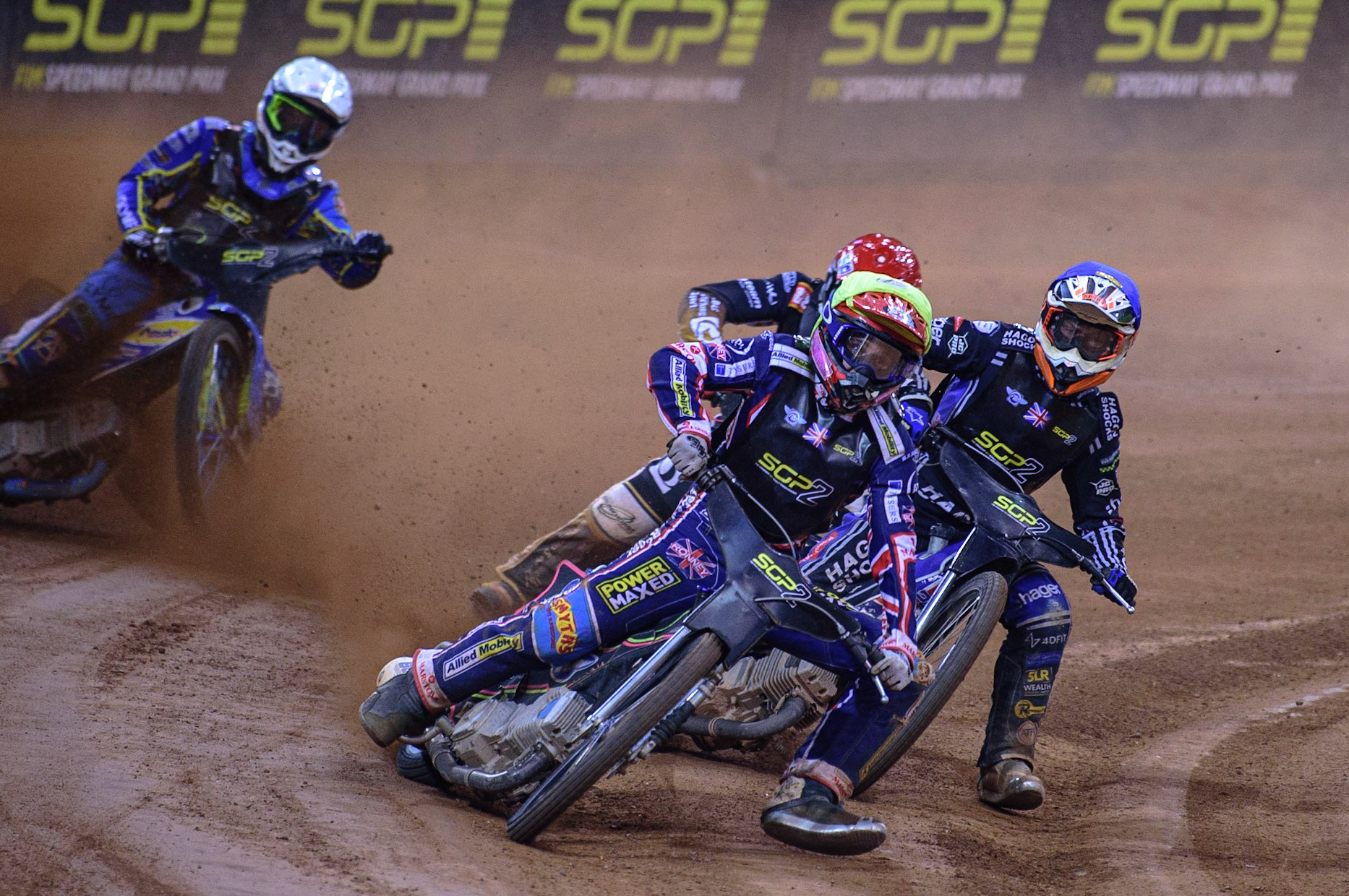 Leon Flint (Great Britain)  (Yellow) leads Jason Edwards (Great Britain) (Blue) Norick Blodorn (Germany)  (Red) and Petr Chlupac (Czech Republic)  (White) during the FIM  Speedway Grand Prix  2 of Great Britain at the Principality Stadium, Cardiff on Sunday 14th August 2022. (Credit: Ian Charles | MI News)