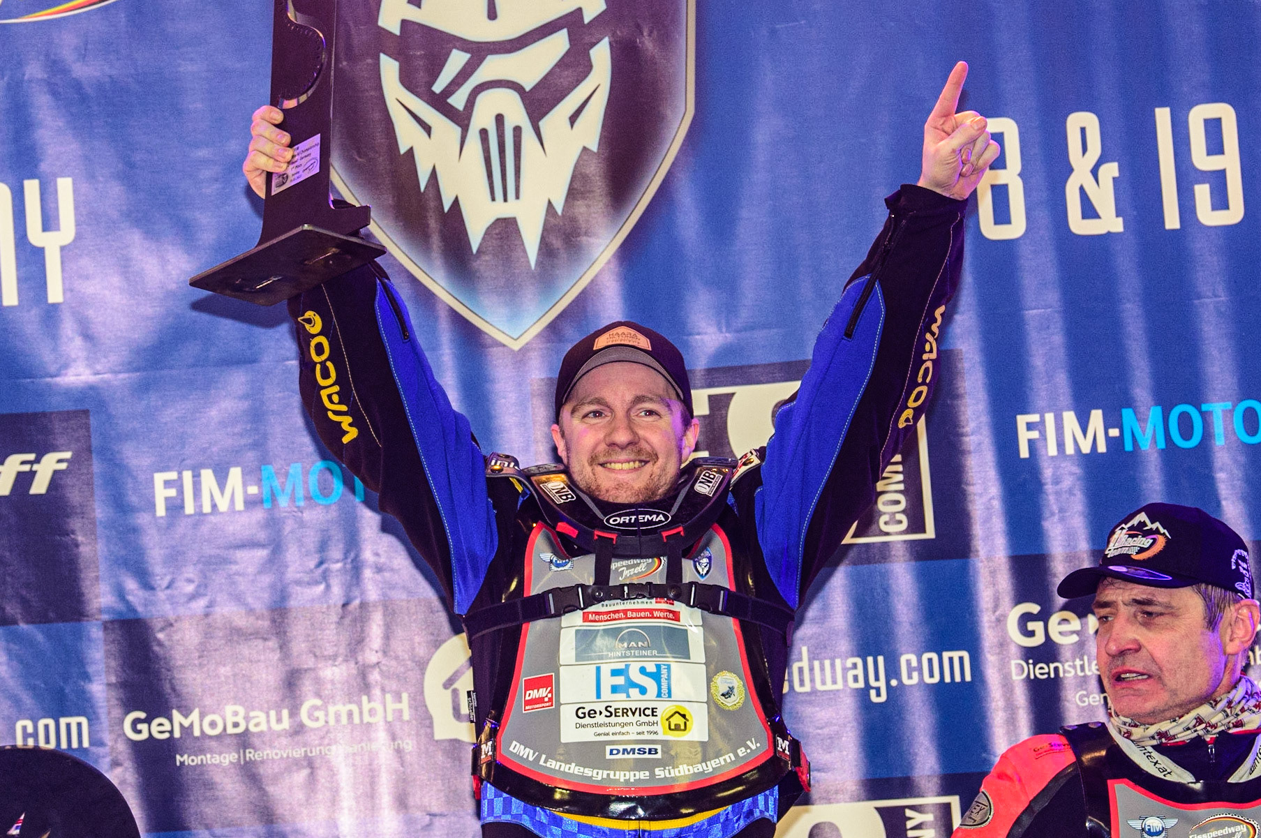 Martin Haarahiltunen (199) celebrates his Sunday win during the Ice Speedway Gladiators World Championship Final 2 at Max-Aicher-Arena, Inzell, Germany on Sunday 19th March 2023. (Photo: Ian Charles | MI News)