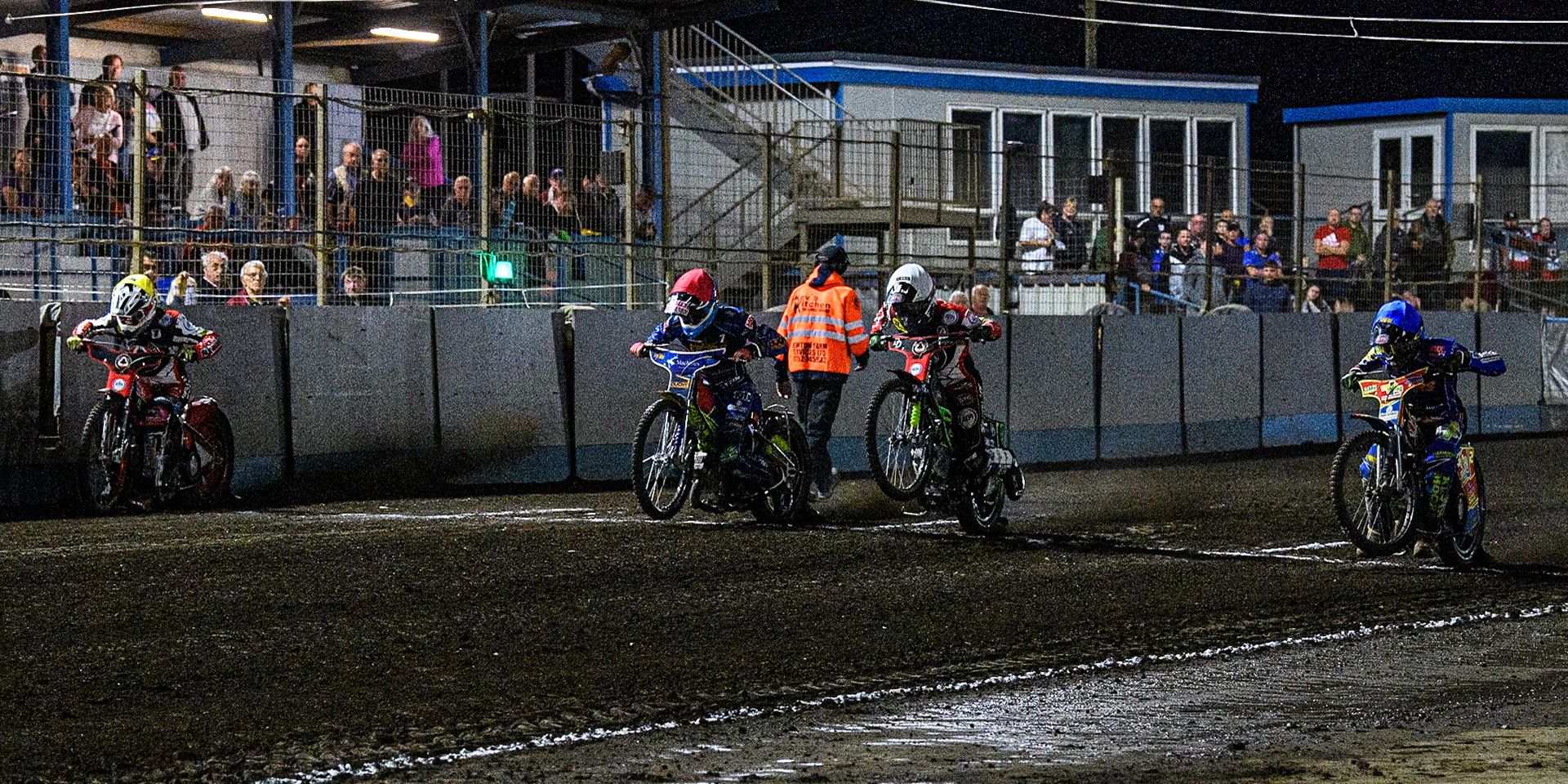 Heat 14 start: (L to R) Connor Bailey (Yellow) Anders Rowe   (Red) Charles Wright (White) and Simon Lambert (Blue) during the Sports Insure Premiership match between King's Lynn Stars and Belle Vue Aces at the Adrian Flux Arena, King's Lynn on Thursday 24th August 2023. (Photo: Ian Charles | MI News)