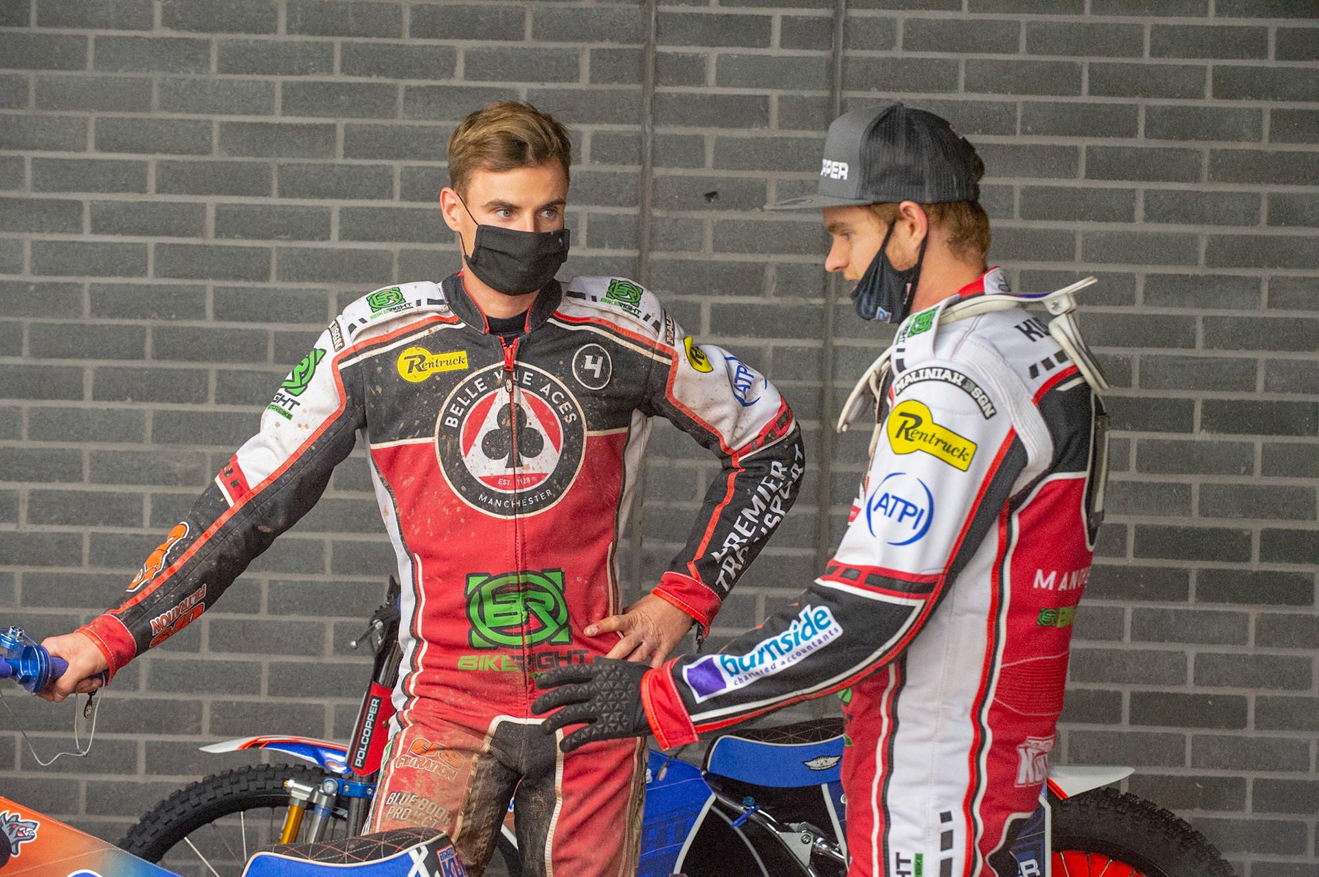 Photo: Ian CharlesSteve Worrall (left) chats with Brady Kurtz Belle Vue ‘Bikerite ’Aces v ‘ATPI’ All Stars, Premiership Challenge, National Speedway Stadium, Manchester Thursday  24  September  2020