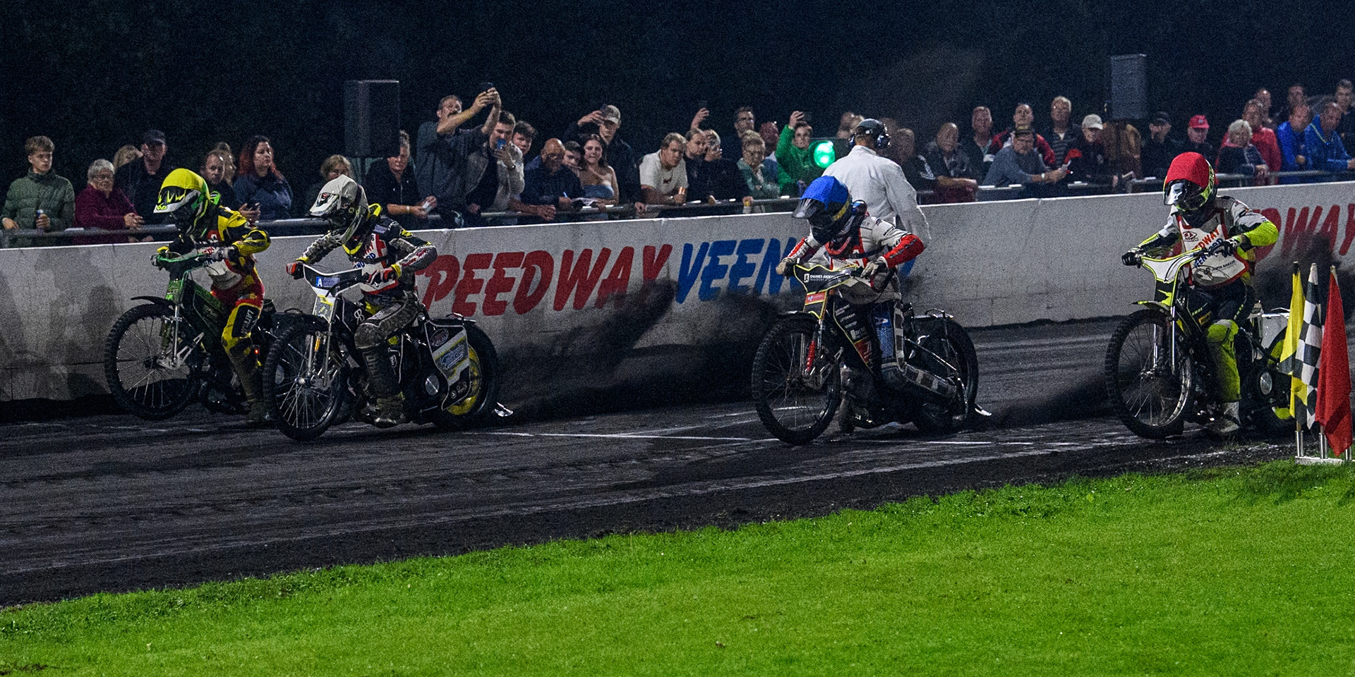 Start of Final 1 (L to R) Damirs Filimonov of Latvia in Yellow, Mika Meijer of The Netherlands in White Patrick Baek of Denmark in Blue and Lars Skupien of Poland in Red during the Golden JOPA Helmet at Sportpark Veenoord, Veenoord, Netherlands on Saturday 21st September 2024. (Photo: Ian Charles | MI News)