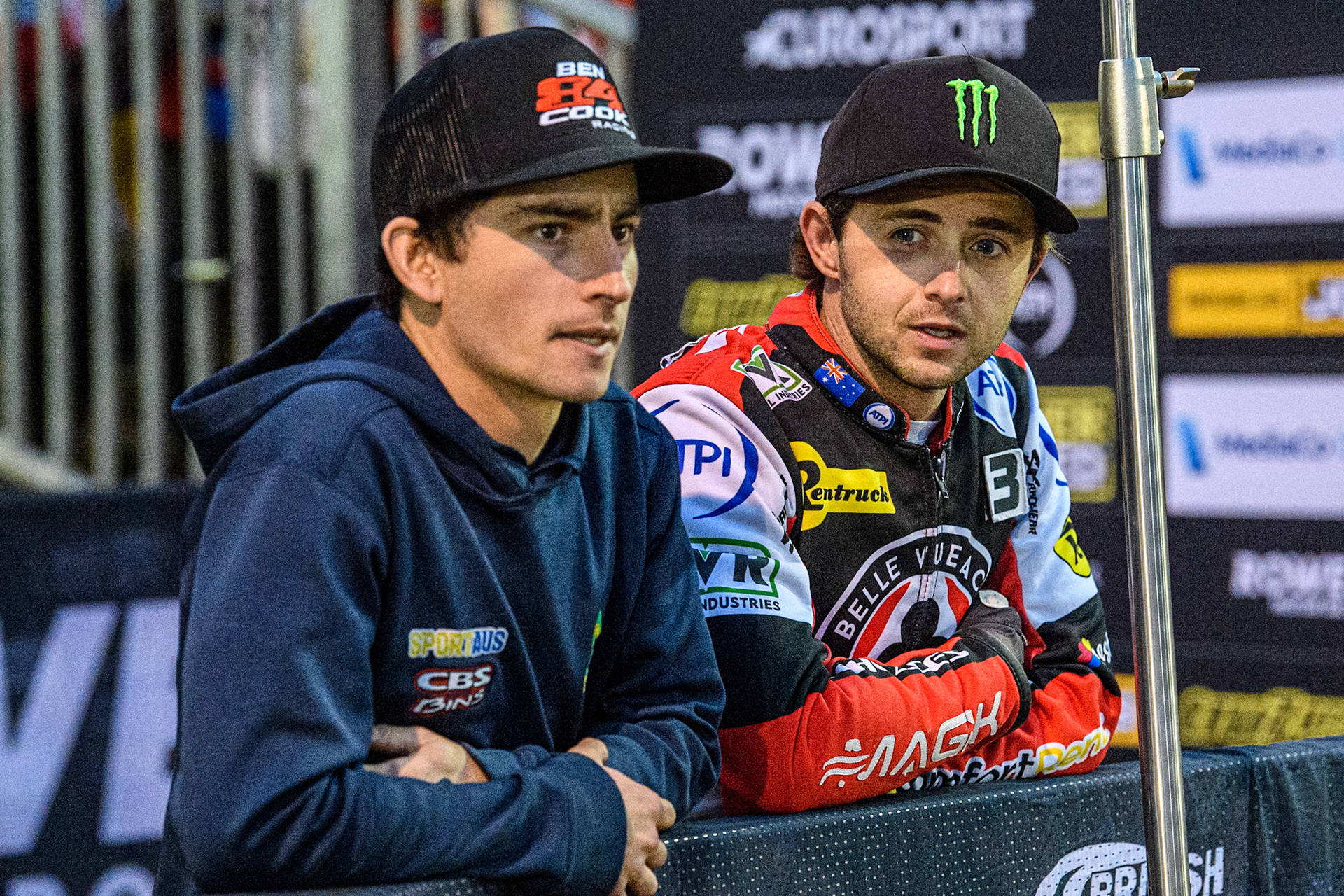 Belle Vue Aces' Jaimon Lidsey  (Right) with fellow Aussie Zac Cook during the Rowe Motor Oil Premiership Play Off Semi Final 2nd leg between Sheffield Tigers and Belle Vue Aces at Owlerton Stadium, Sheffield on Thursday 19th September 2024. (Photo: Ian Charles | MI News)
