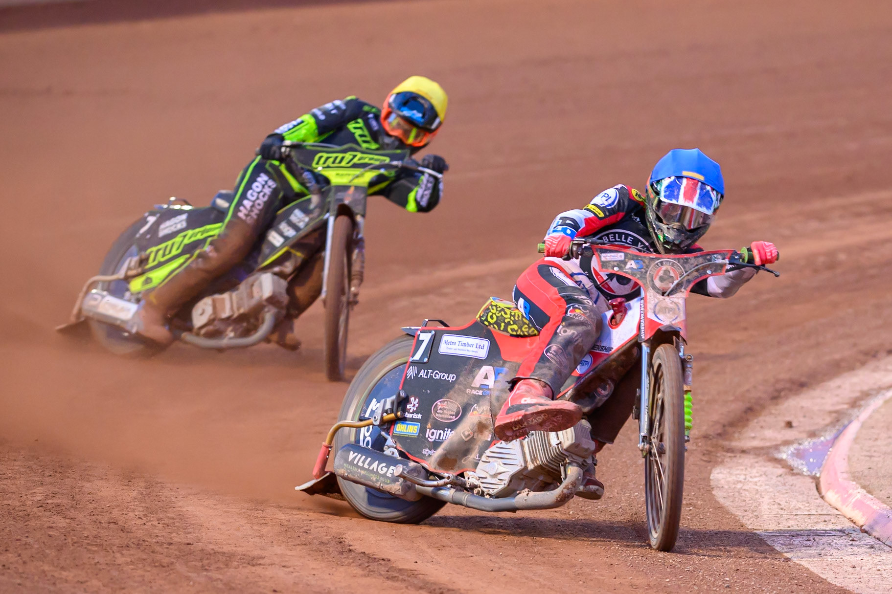 Will Cairns of Belle Vue Aces  in Blue leading Jason Edwards of Ipswich Witches  in Yellow during the Rowe Motor Oil Premiership match between Belle Vue Aces and Ipswich Witches at the National Speedway Stadium, Manchester on Monday 20th April 2026. (Photo: Ian Charles | MI News)