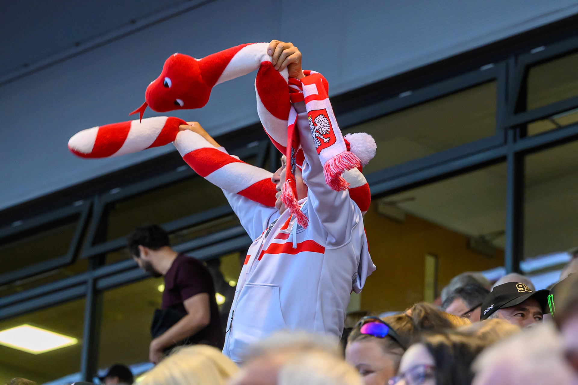 Polish fan celebrates Zmarzlik's win during the ATPI  FIM Speedway GP of Manchester at the National Speedway Stadium, Manchester on Saturday 6th June 2026. (Photo: Ian Charles | MI News)