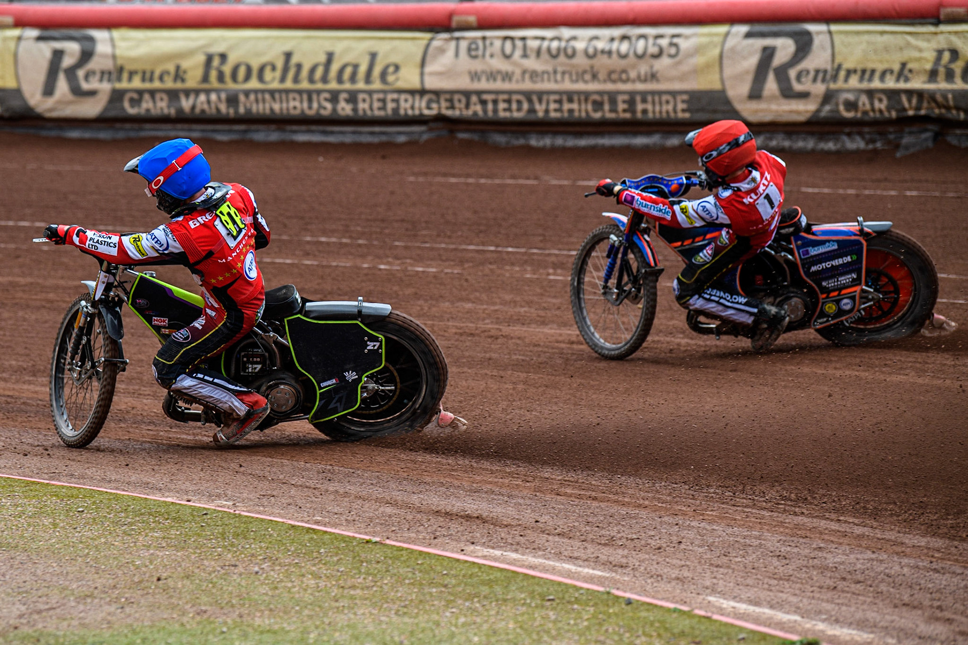 Tom Brennan (Blue) inside team mate Brady Kurtz (Red) during the Sports Insure Premiership match between Belle Vue Aces and Leicester Lions at the National Speedway Stadium, Manchester on Monday 28th August 2023. (Photo: Ian Charles | MI News)