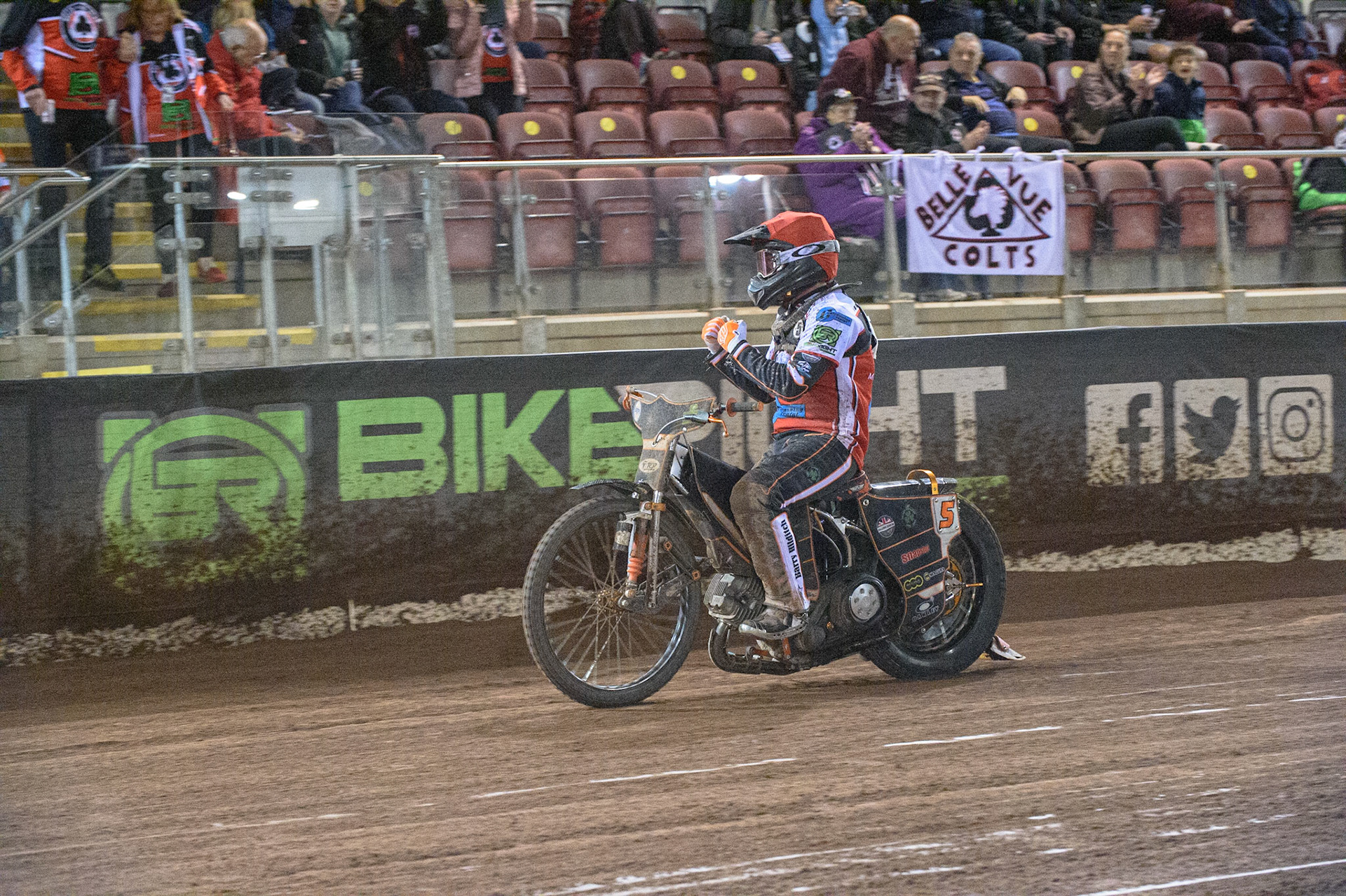 MANCHESTER, SEPT 3RD. Jack Smith  celebrates his heat win during the National Development League match between Belle Vue Aces and Mildenhall Fens Tigers at the National Speedway Stadium, Manchester on Friday 3rd September 2021. (Credit: Ian Charles | MI News)
